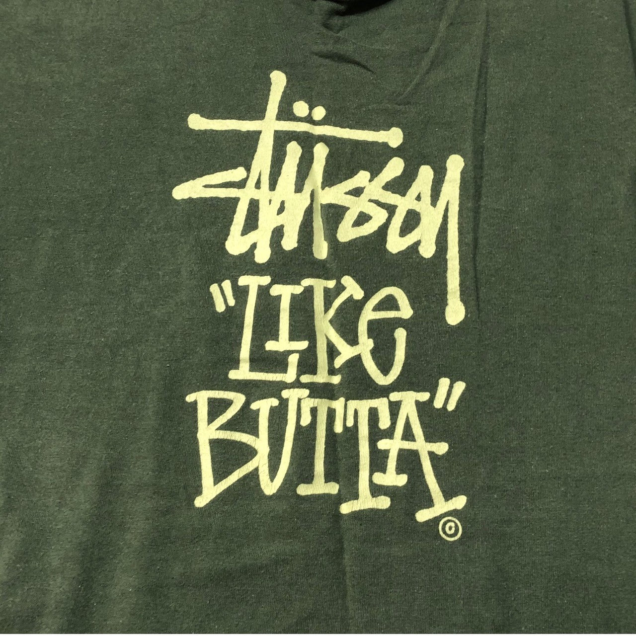 STUSSY(ステューシー) 80's VINTAGE LIKE BUTTA Tシャツ ヴィンテージ 黒タグ SIZE L グリーン USA製  80年代 OLD STUSSY ショーンフォント