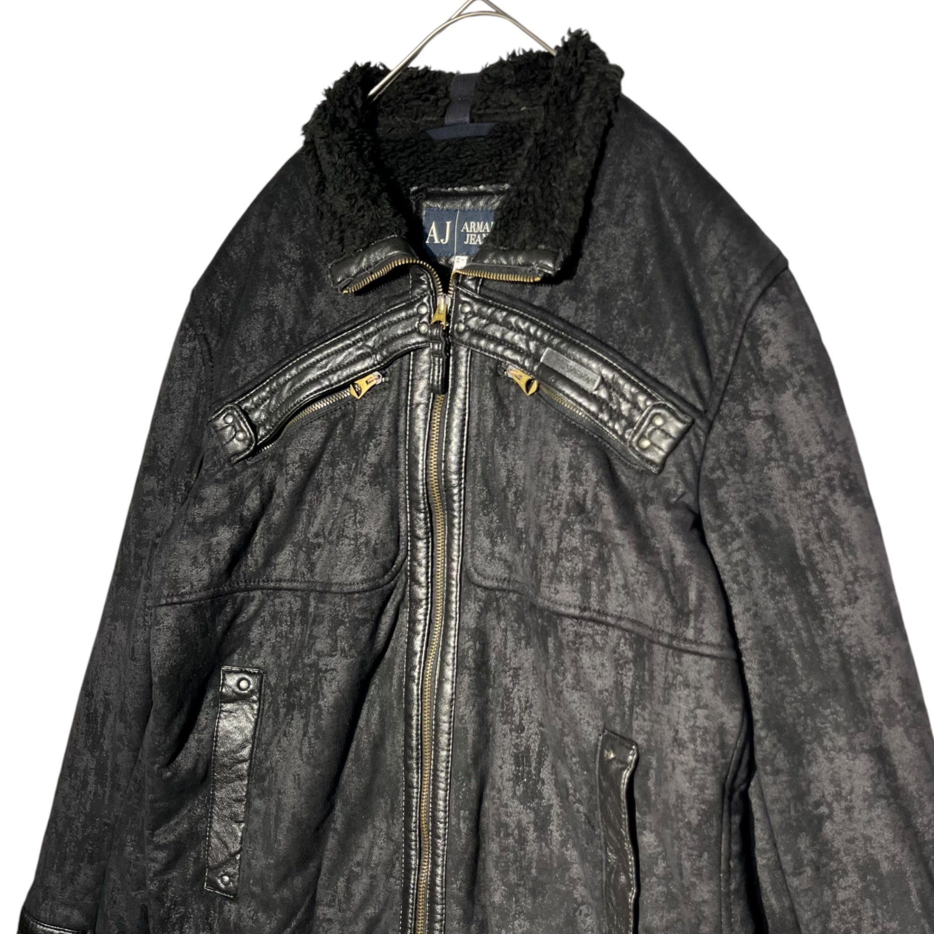 ARMANI JEANS(アルマーニジーンズ) 00's Eco leather pumping boa jacket エコ レザー パイピング ボア ジャケット 44(SM程度) ブラック Y2K