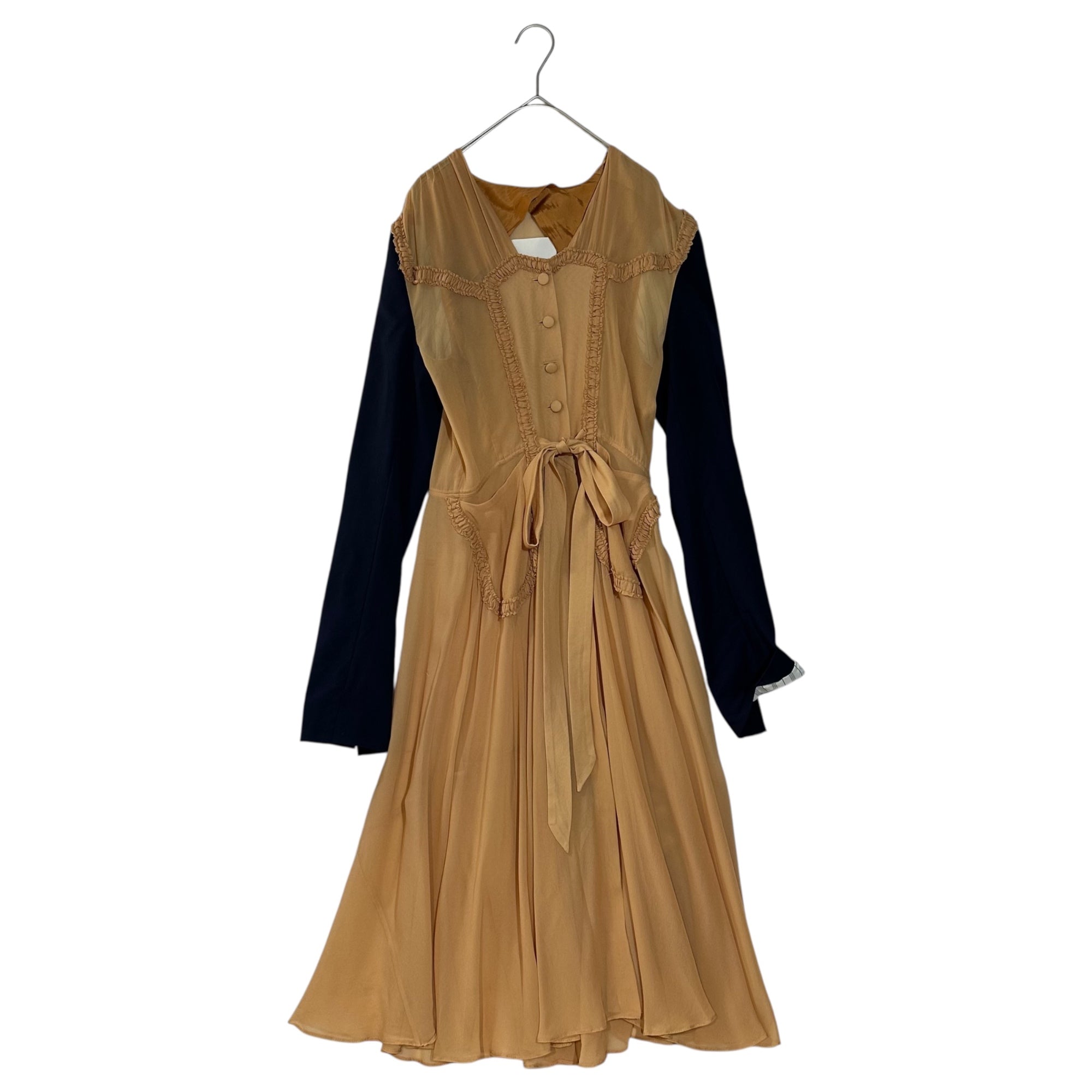 MAISON MARGIELA(メゾンマルジェラ) 21SS Co-Ed Tailored Sleeve Sheer Frill Dress テーラード スリーブ シアー フリル ドレス 表記無(40程度) ベージュ×ネイビー 白タグ