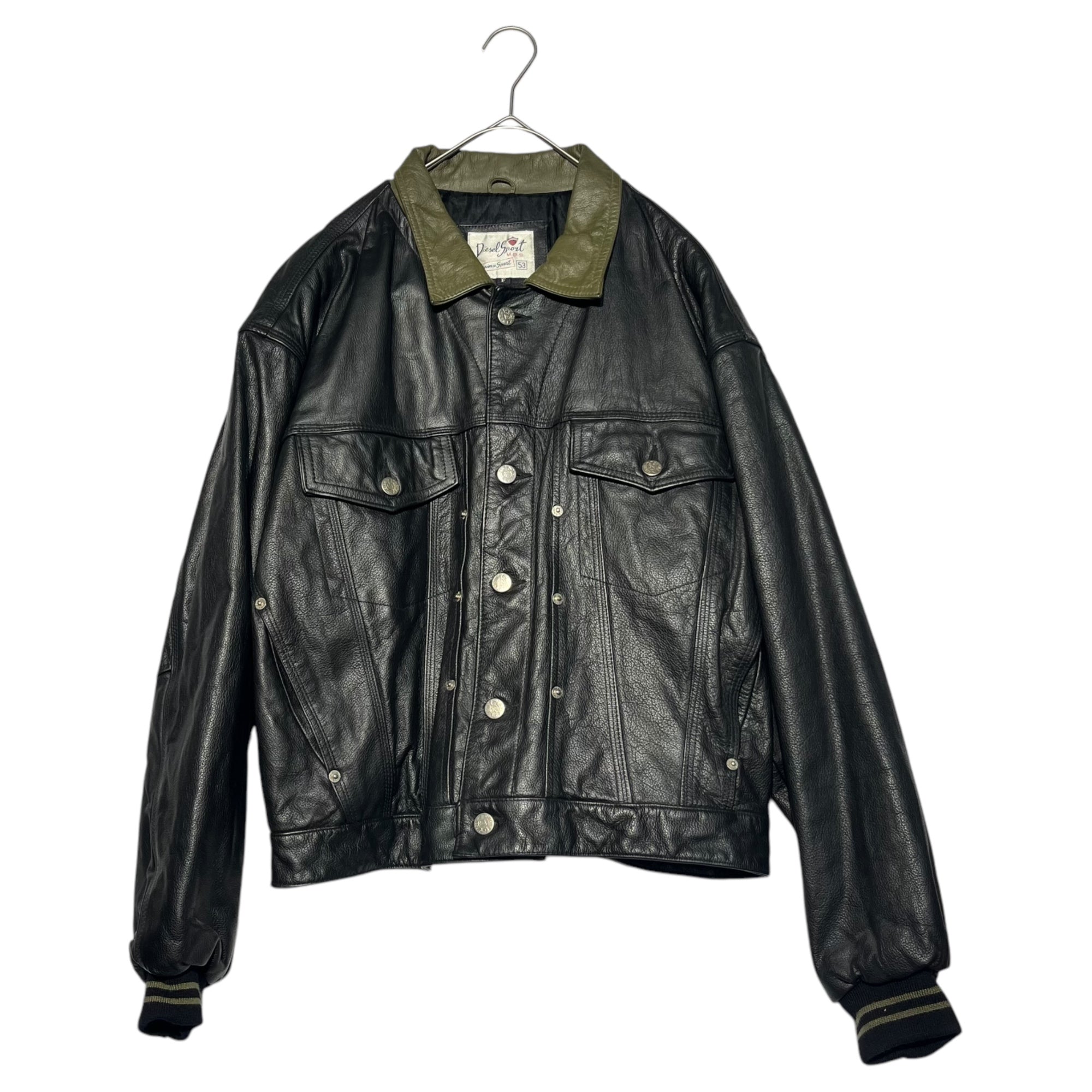 DIESEL SPORT(ディーゼルスポーツ) 90's LEATHER BICOLOR TRUCKER JACKET レザー バイカラー トラッカー ジャケット FREE ブラック×カーキ 90年代 スタジャン リブ カウレザー アーカイブ