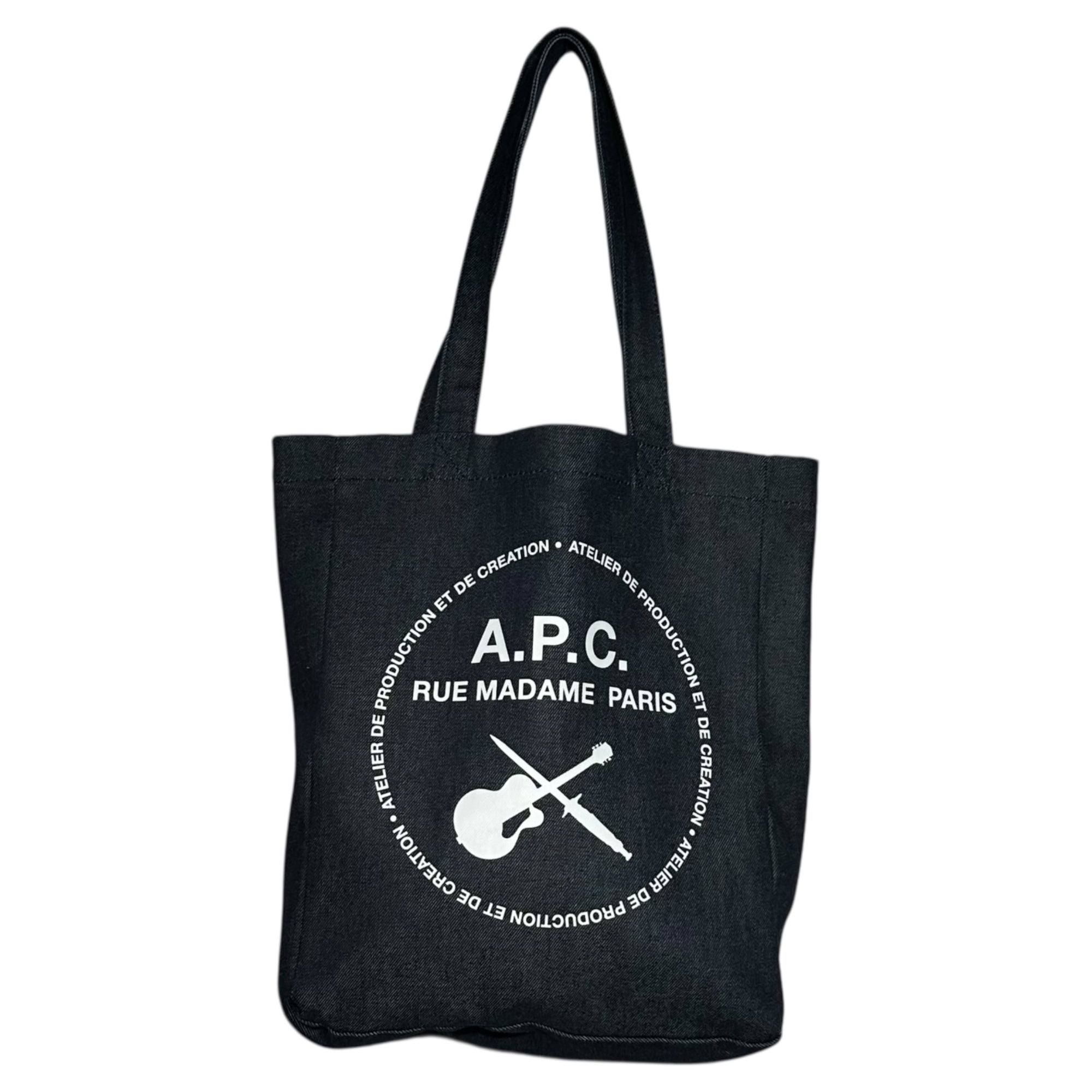 A.P.C.(アーペーセー) Sword and Guitar Logo Print Denim Tote Bag 剣とギター ロゴ プリント デニム トートバッグ インディゴ×ホワイト