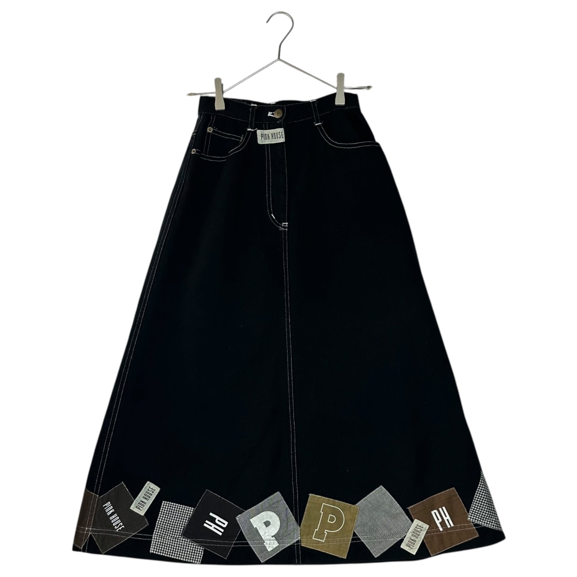PINK HOUSE(ピンクハウス) 00's Logo Patchwork Long Denim Skirt ロゴ パッチワーク ロング デニム スカート 表記無(S程度) ブラック ワッペン マキシ