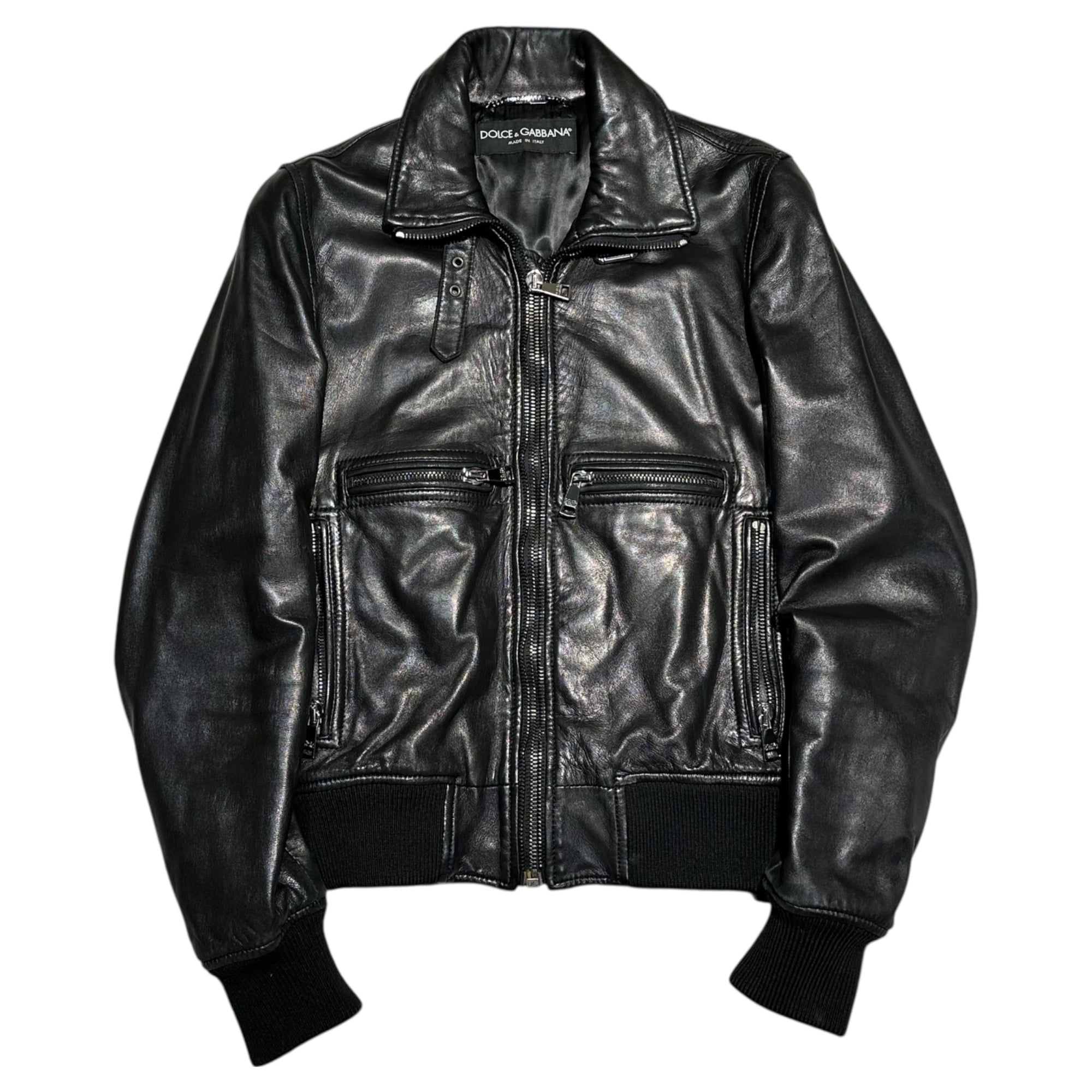 DOLCE&GABBANA(ドルチェ&ガッバーナドルガバ) Lambskin single zip-up ribbed blouson ラムレザー シングル ジップアップ リブ ブルゾン G9972L 44(XS程度) ブラック