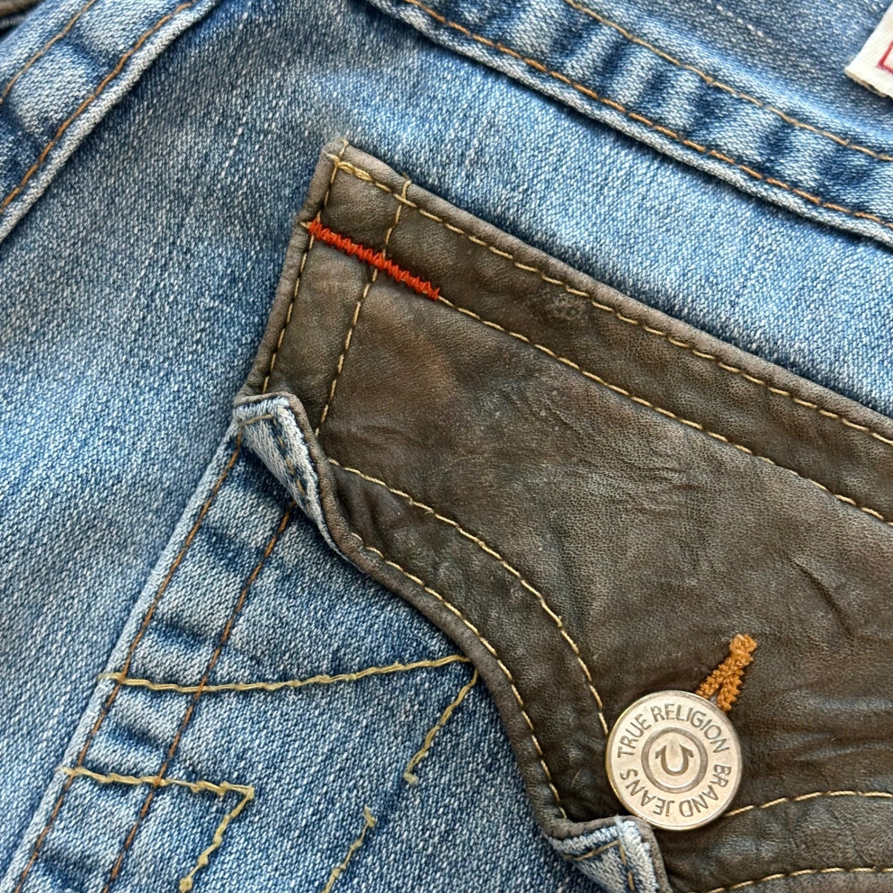 TRUE RELIGION(トゥルーレリジョン) 00's Leather Pocket Wide Flare Denim Pants レザー ポケット ワイド フレア デニム パンツ 04-803LF W33 L33 ライトインディゴ Y2K