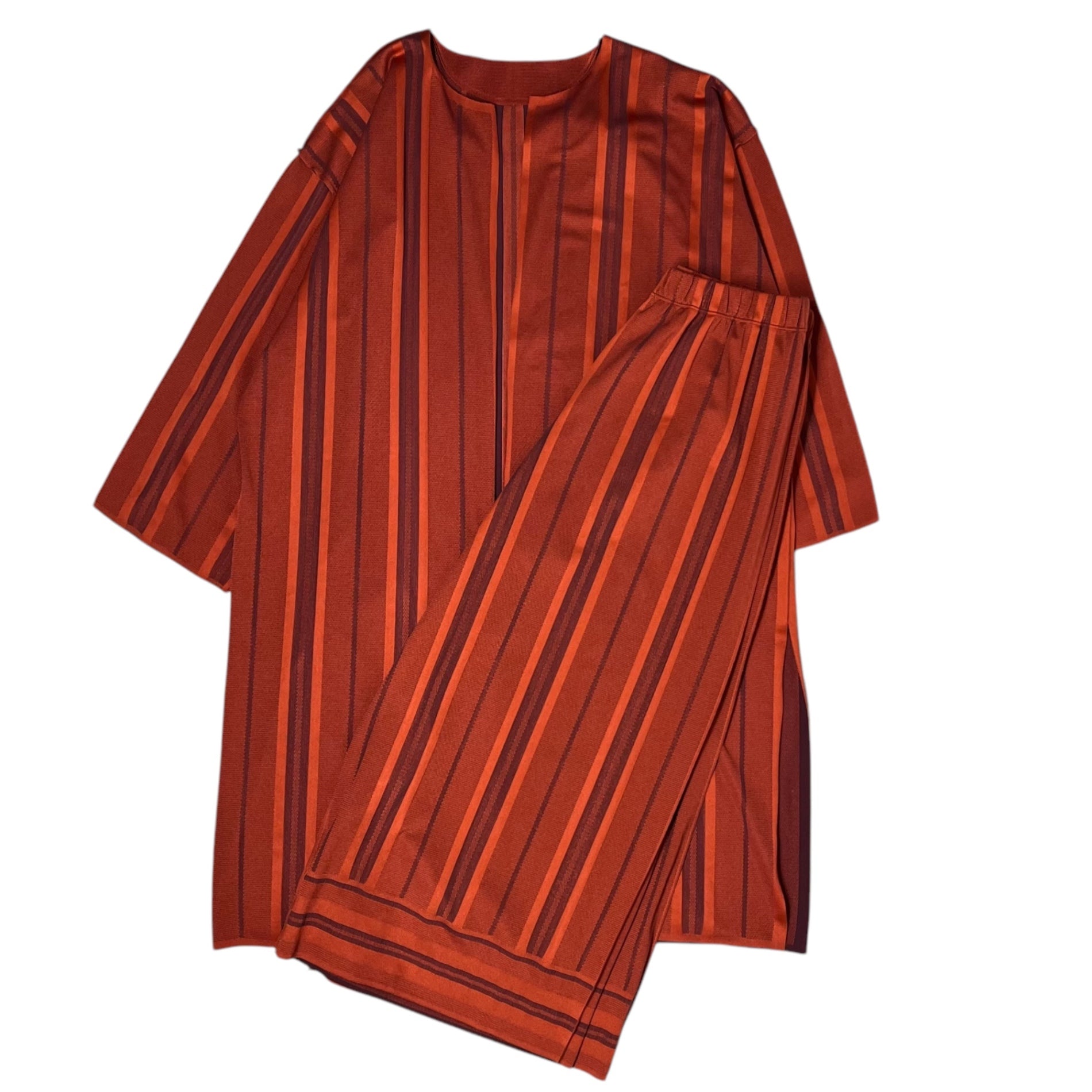 A-POC INSIDE PLEATS PLEASE ISSEY MIYAKE(エイポック インサイド プリーツプリーズ イッセイミヤケ) Thick stripe buttonless waist button cardigan wide pants setup 太ストライプ ボタンレス ウエストボタン カーディガン ワイドパンツ セットアップ TOP:PP93LA952 BOTTOM:PP93LF953 3(L程度) オレンジ