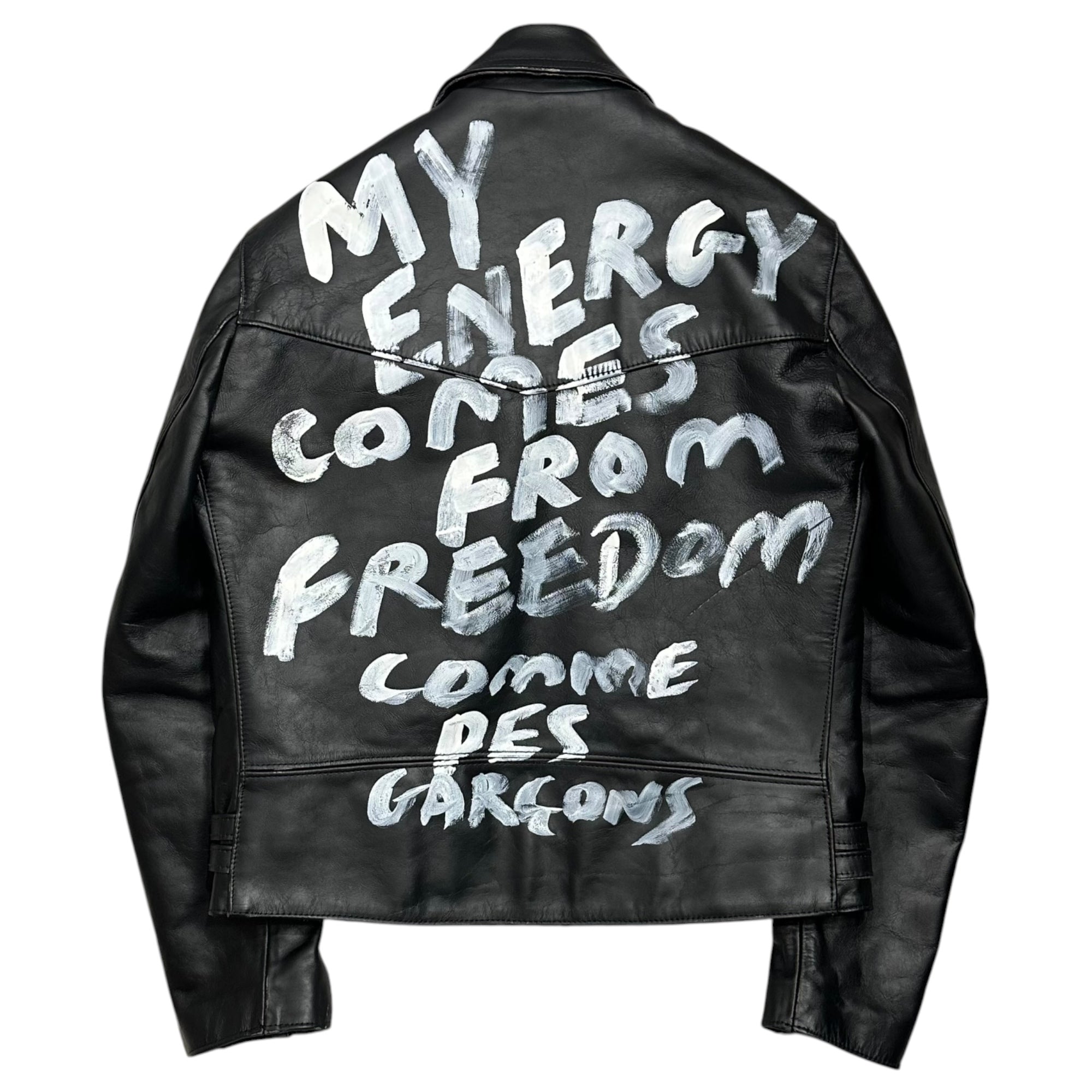 COMME des GARCONS×LEWIS Leathers(コムデギャルソン×ルイスレザー) 2024AW 青山店限定 ”MY ENERGY FROM FREEDOM” LIGHTNING ライトニング ダブル ライダース ジャケット KZ-J017 44 ブラック AD2024 カウハイド レザー ペイント スレ加工
