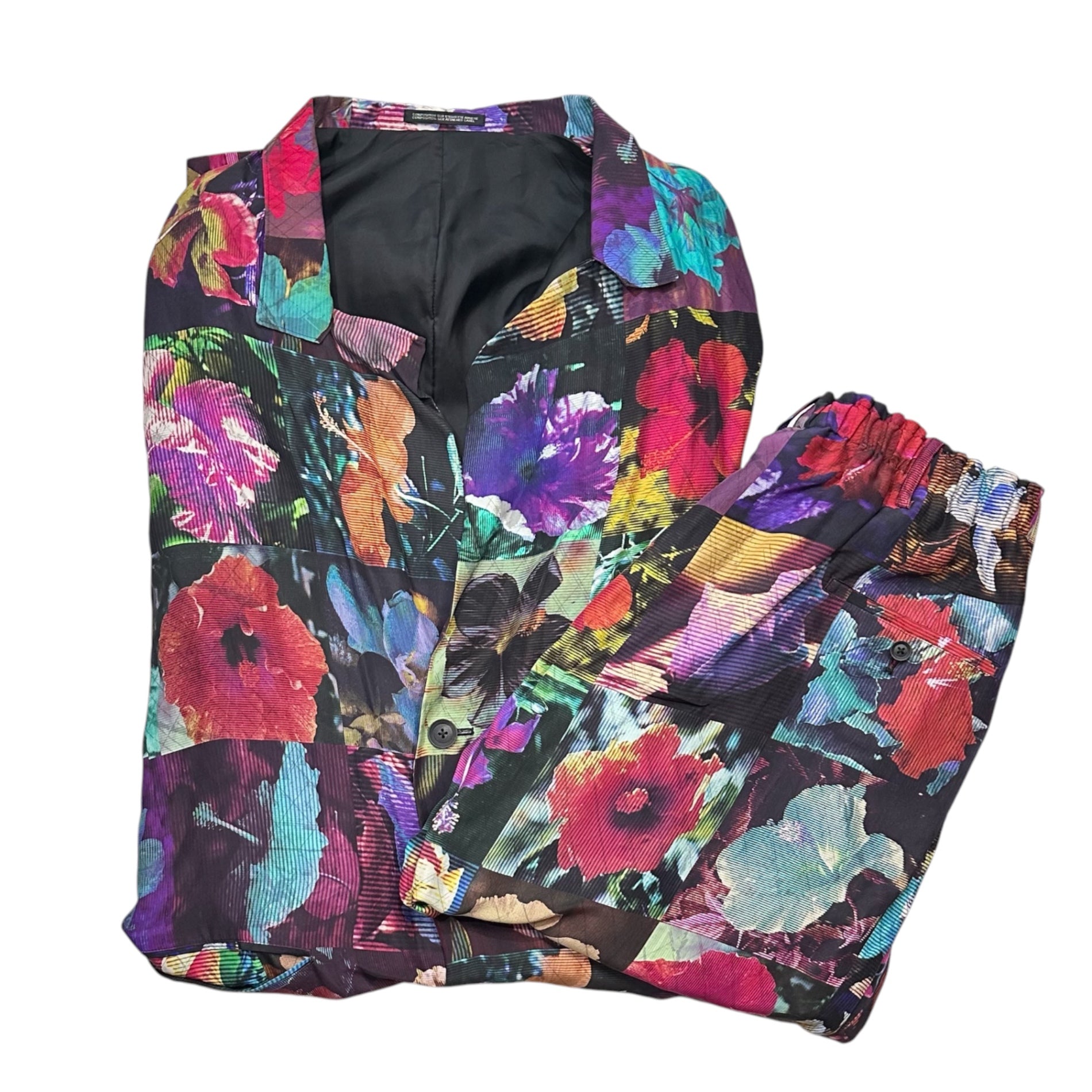 YOHJI YAMAMOTO POUR HOMME(ヨウジヤマモトプールオム) 2022SS Floral-Encyclopedia Long Jacket & Pants Setup 花図鑑 ロング シルク ジャケット パンツ セットアップ JKT：HG-J52-435 PT：HG-P98-435 JKT:3 PT:2 マルチカラー 折フラップ サルエル セットアップ販売 22SS コレクション着用アイテム