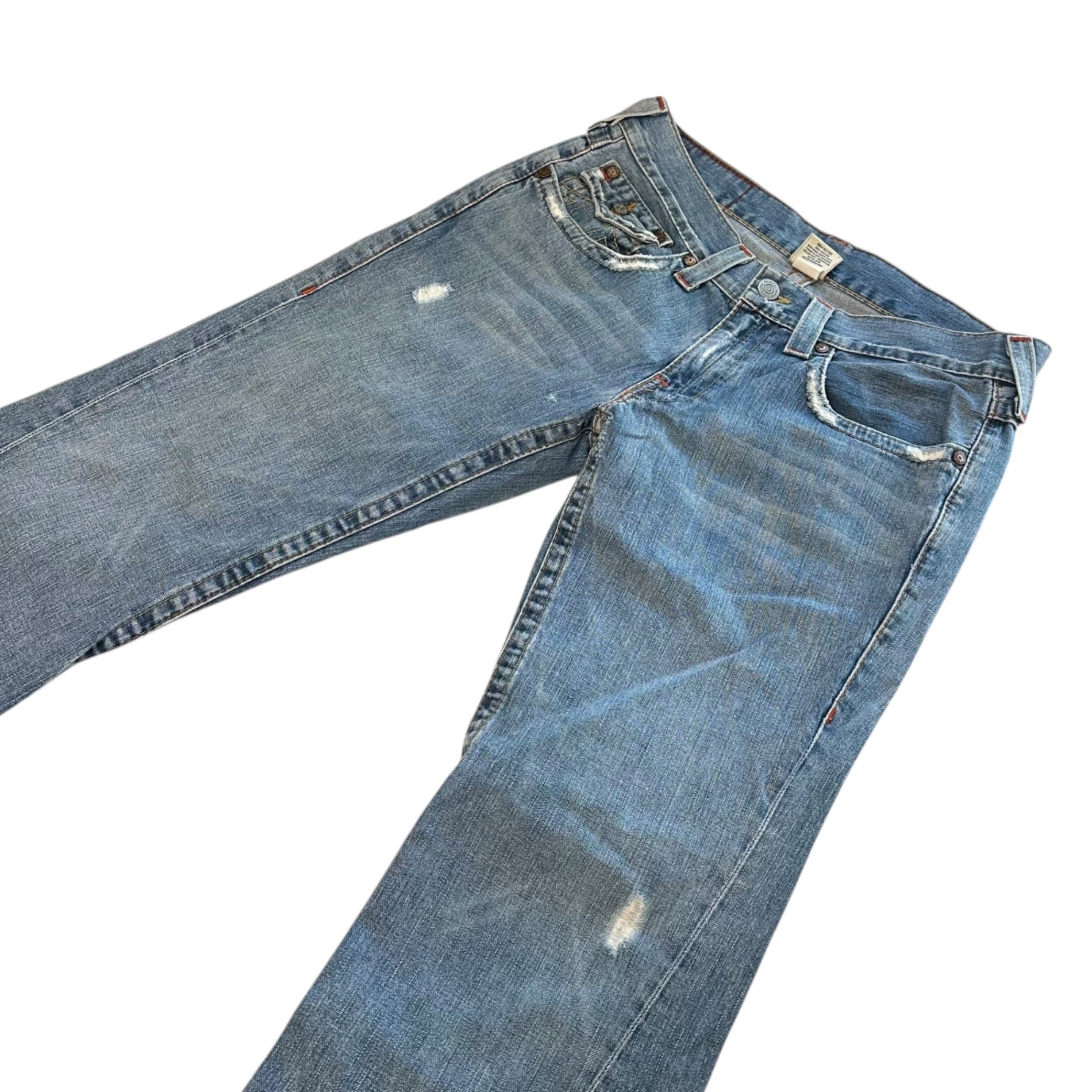 TRUE RELIGION(トゥルーレリジョン) 00's Leather Pocket Wide Flare Denim Pants レザー ポケット ワイド フレア デニム パンツ 04-803LF W33 L33 ライトインディゴ Y2K