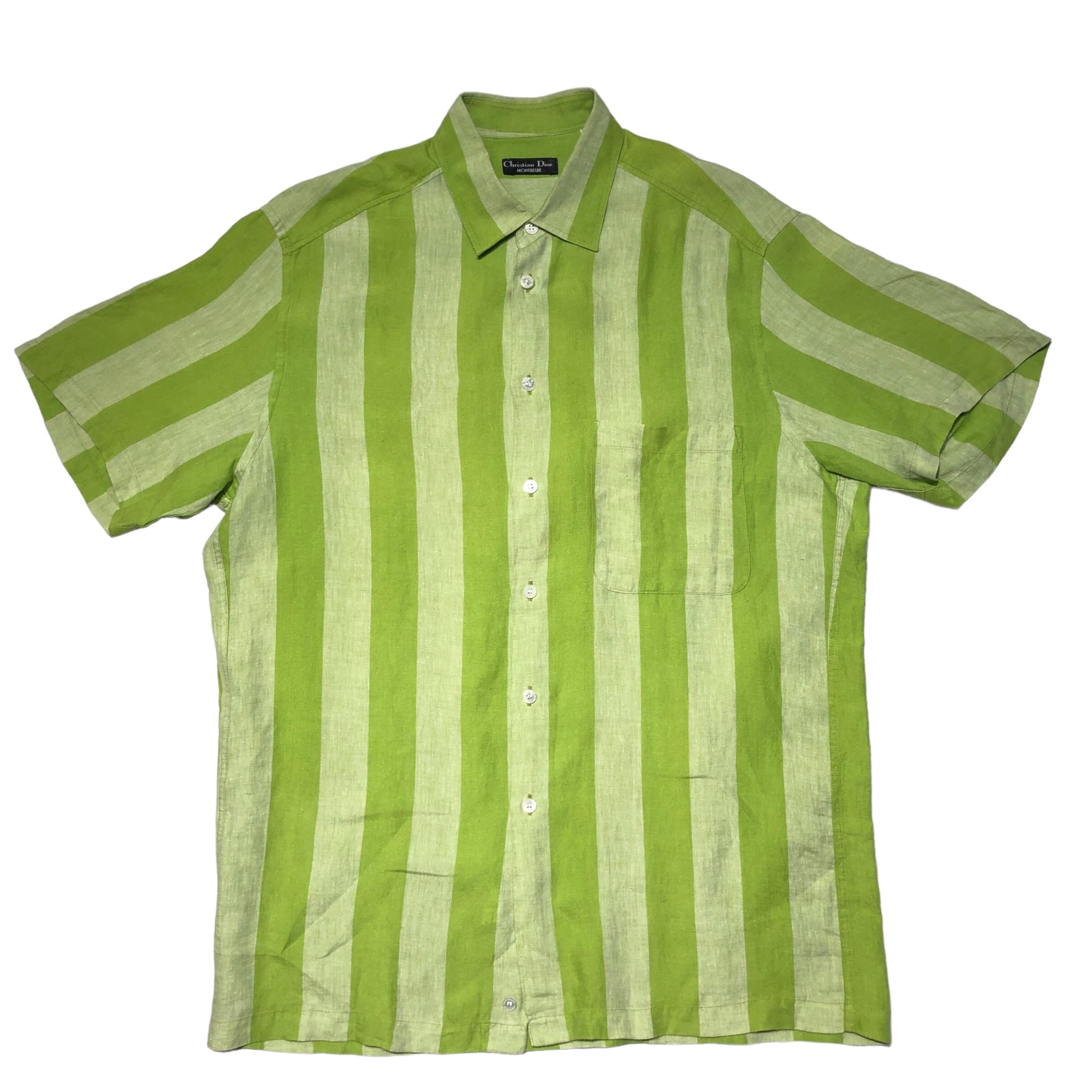 Christian Dior MONSIEUR（クリスチャンディオールムッシュ） 90's striped short sleeve linen shirt ストライプ 半袖 リネン シャツ L ライトグリーン×ホワイト 90年代 ヴィンテージ