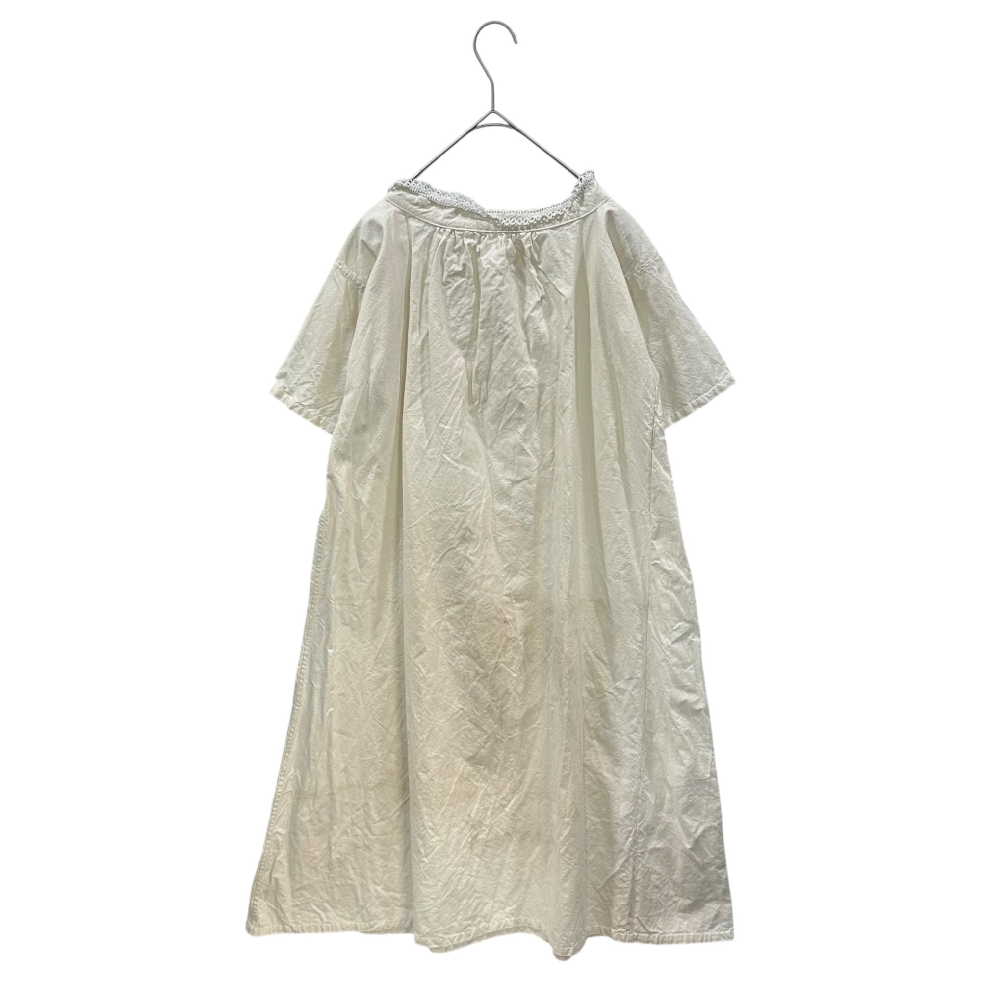 Euro antique(ヨーロッパアンティーク) 1920's~ thick cotton beige mini lace decorated onepiece 厚めコットンのミニレース装飾付きワンピース 表記無し(M~L程度) ベージュ