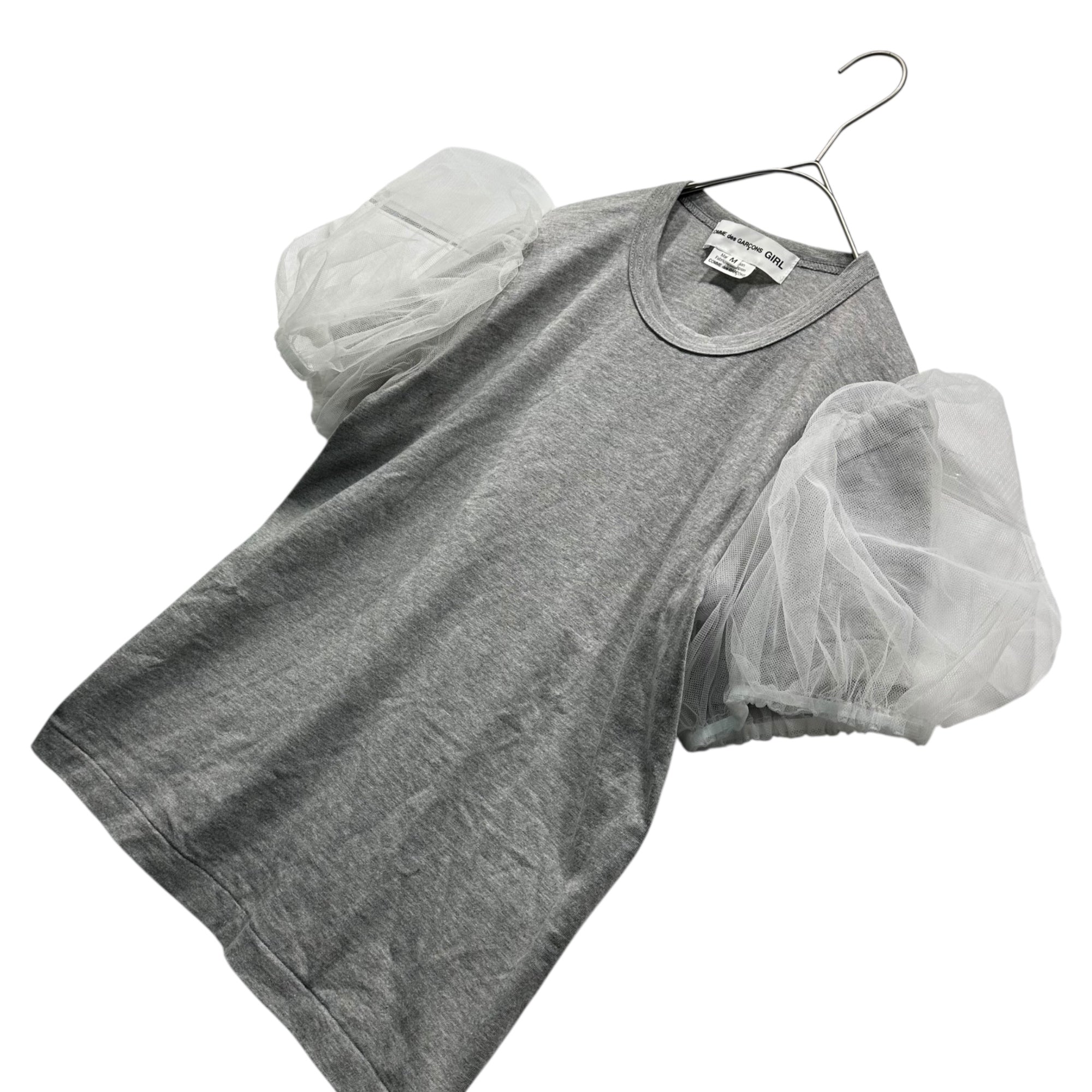 COMME des GARCONS GIRL(コムデギャルソンガール) 22SS Tulle Sleeve T-Shirt チュール スリーブ Tシャツ NI-T007 M グレー×ホワイト AD2021