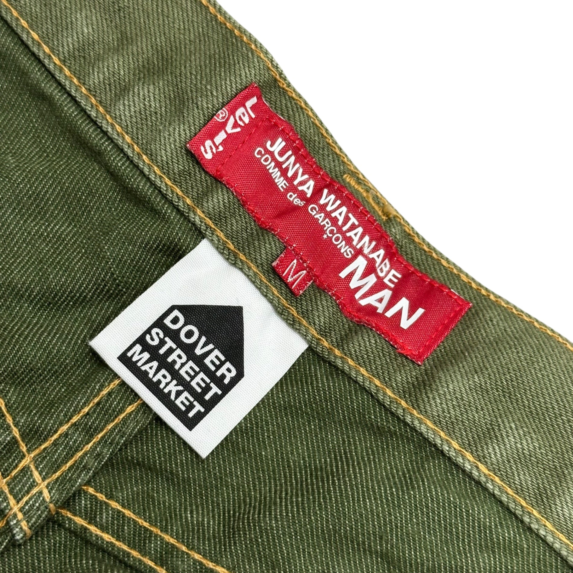 COMME des GARCONS JUNYA WATANABE MAN × Levi's × DOVER STREET MARKET(コムデギャルソンジュンヤワタナベマン × リーバイス × ドーバーストリートマーケット) 2007SS Back Roundel Logo Print Green Denim Pants バック ラウンデル マーク プリント グリーン カラー デニム パンツ DSM-P030 M カーキ×マルチカラー AD2006 00s アーカイブ 3コラボ 稀少