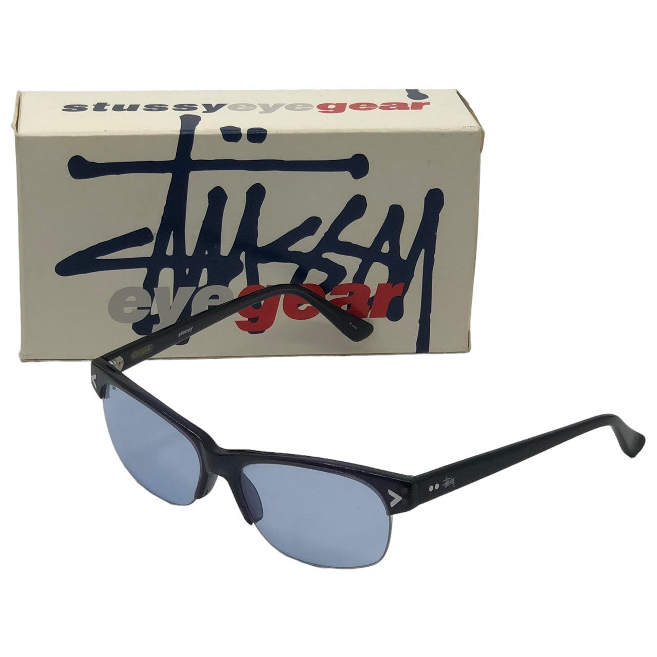 STUSSY(ステューシー) 90's "EYE GEAR" sunglasses サイド ロゴ サングラス 眼鏡 ブルーレンズ メガネ ブラック 90年代 FLORY ANTIQUE SILVER