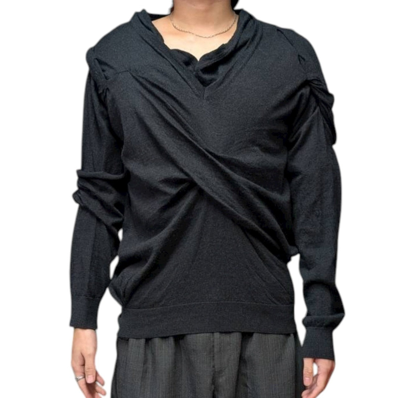 MAISON MARGIELA(メゾンマルジェラ) 21SS Co-Ed draped design v-neck knit コーエド ドレープ デザイン Vネック ニット S29HA0666 1(S程度) チャコールグレー レイヤード 白タグ メンズ着用可能サイズ