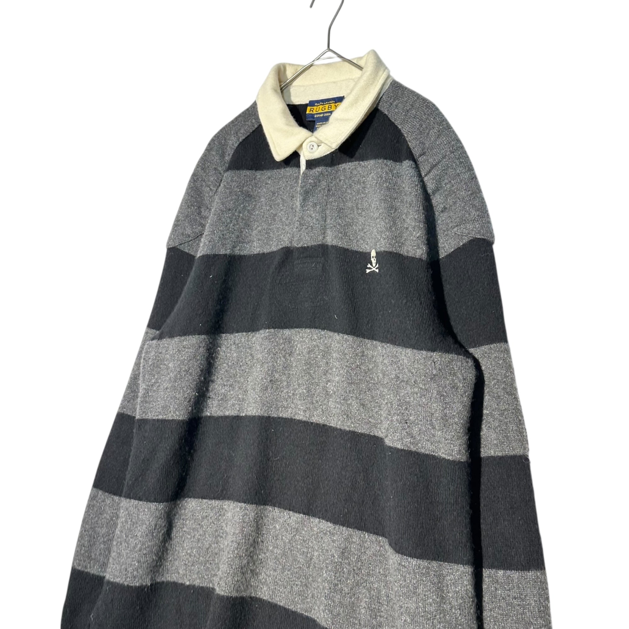 RALPH LAUREN RUGBY(ラルフローレンラグビー) 100% Cashmere Back Numbering Knit Rugby Shirt 100％カシミヤ バックナンバリング ニット ラガー シャツ L グレー×ブラック 品質表示タグ切り取り