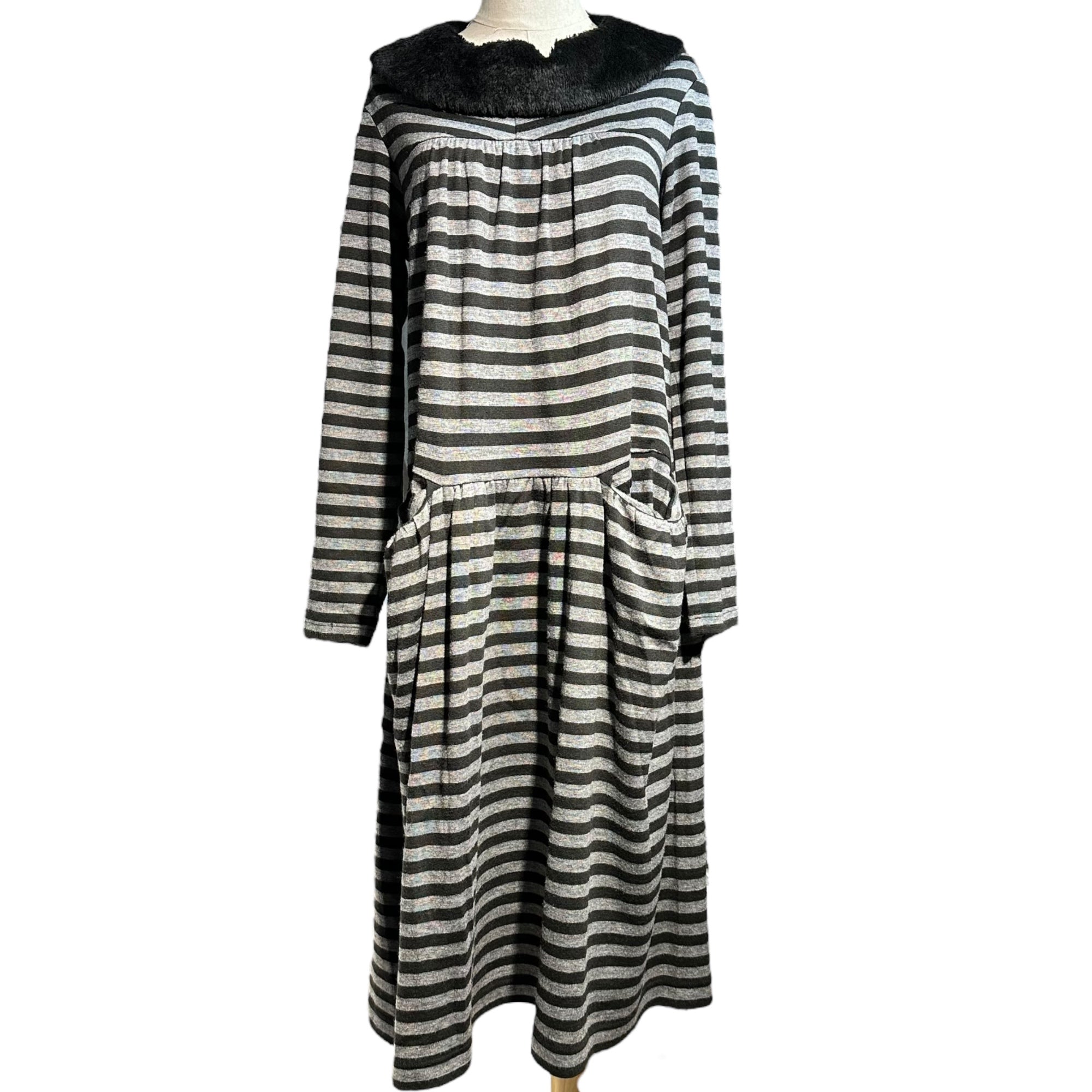 tricot COMME des GARCONS(トリココムデギャルソン) 10AW Long-sleeved striped dress with detachable collar つけ襟付属 長袖 ボーダー ワンピース TF-T055 M グレー×ブラック AD2010