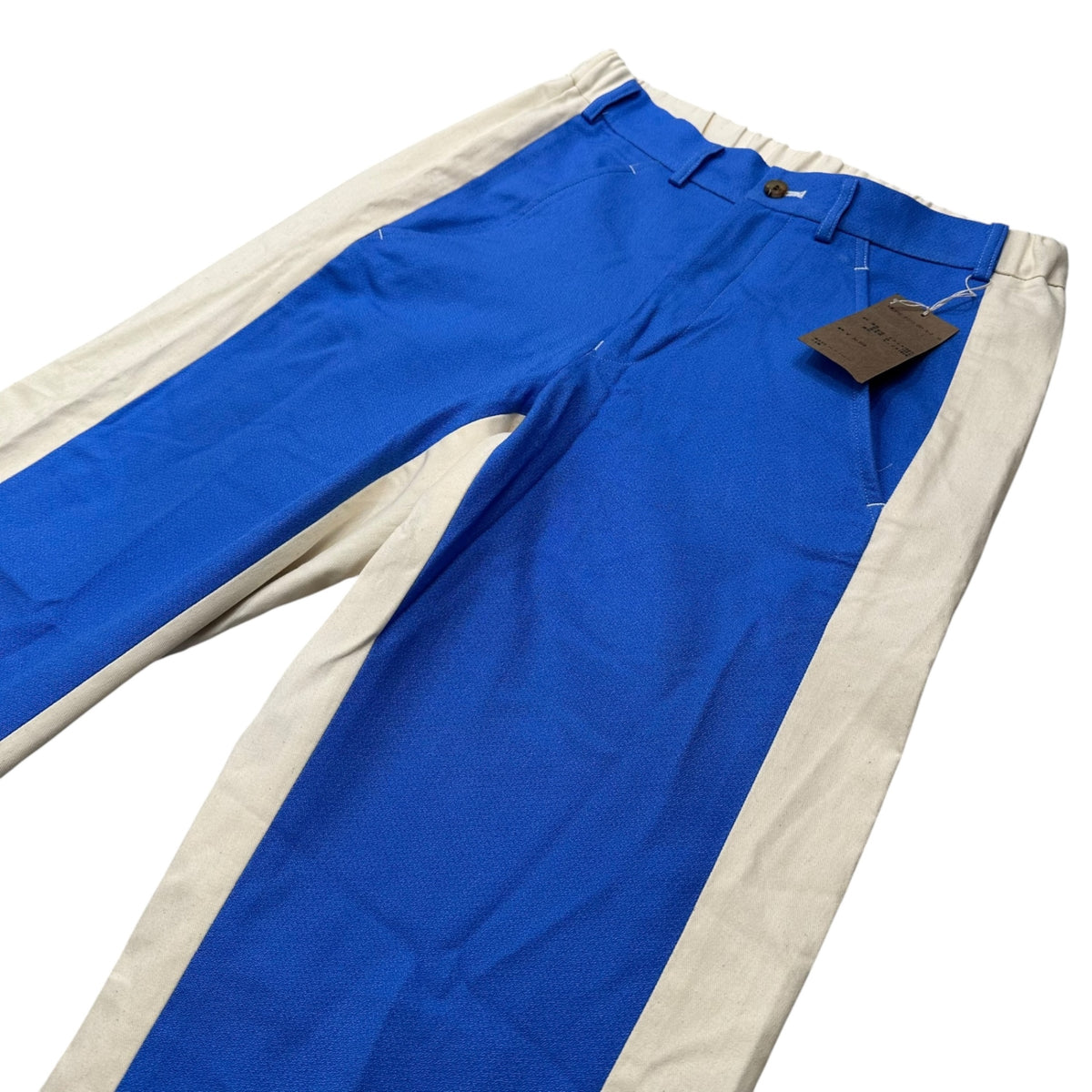 COMME des GARCONS HOMME PLUS(コムデギャルソンオムプリュス) 2002SS Mixed-Material Tapered Pants 異素材 切り替え テーパード パンツ PE-P010 S ブルー×アイボリー 00s アーカイブ トラッドの破壊 蛍光期