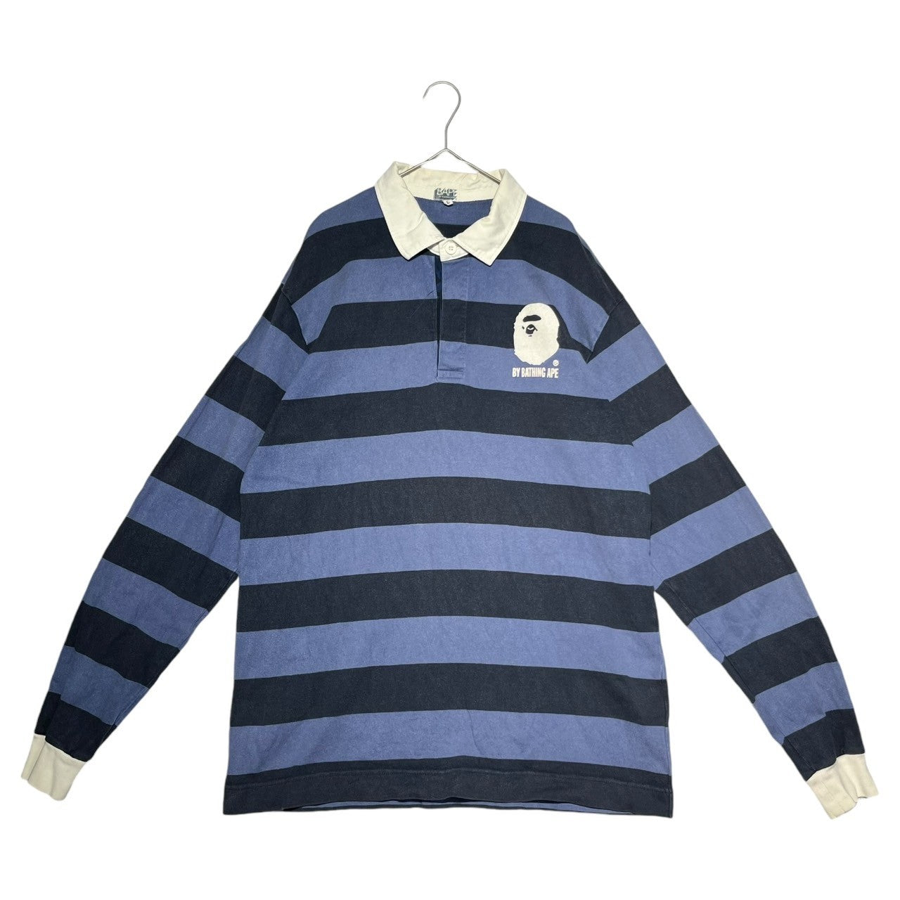 BAPE BY A BATHING APE(ベイプ バイ ア ベイシングエイプ) 00's One point logo border long sleeve rugby shirt ワンポイント ロゴ ボーダー 長袖 ラグビーシャツ ラガーシャツ 猿 L ブルー