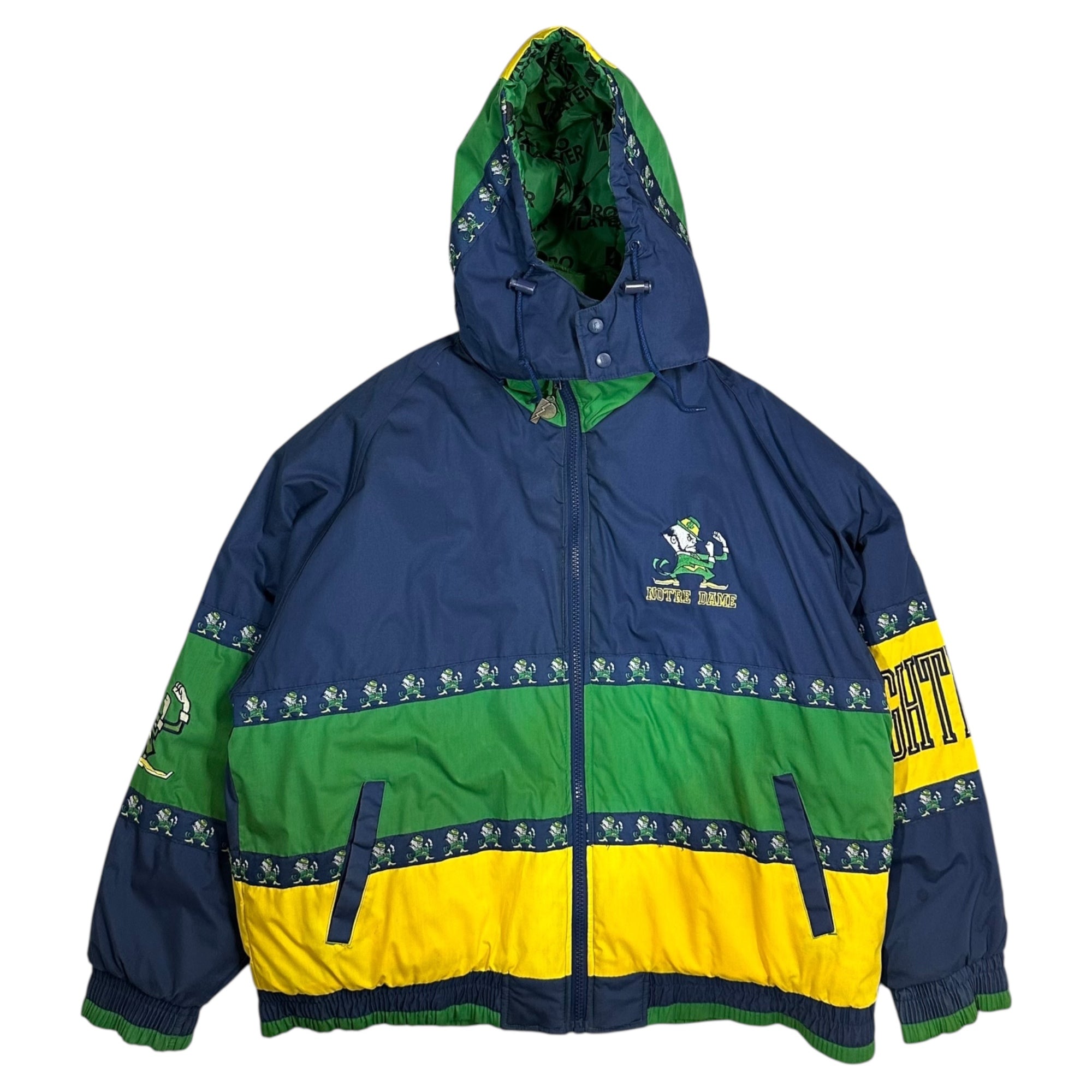 PRO PLAYER(プロプレイヤー) OLD NOTRE DAME Padded Jacket オールド ノートルダム 中綿 ジャケット XL ネイビー×グリーン×イエロー 古着