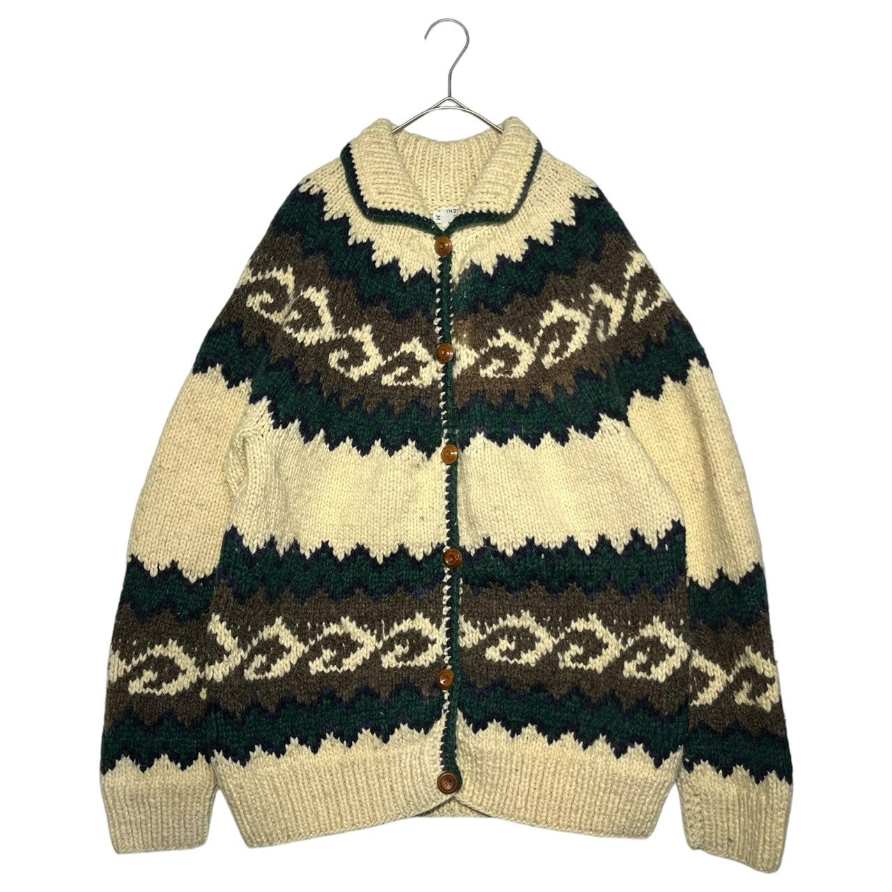 INDIGENOUS DESIGNS(インディアンデザインズ) Ecuador made Indian low gauge knit cardigan エクアドル製 インディアン ローゲージ ニット カーディガン カウチン  M アイボリー×グリーン 環境保護 サスティナブル オーガニック