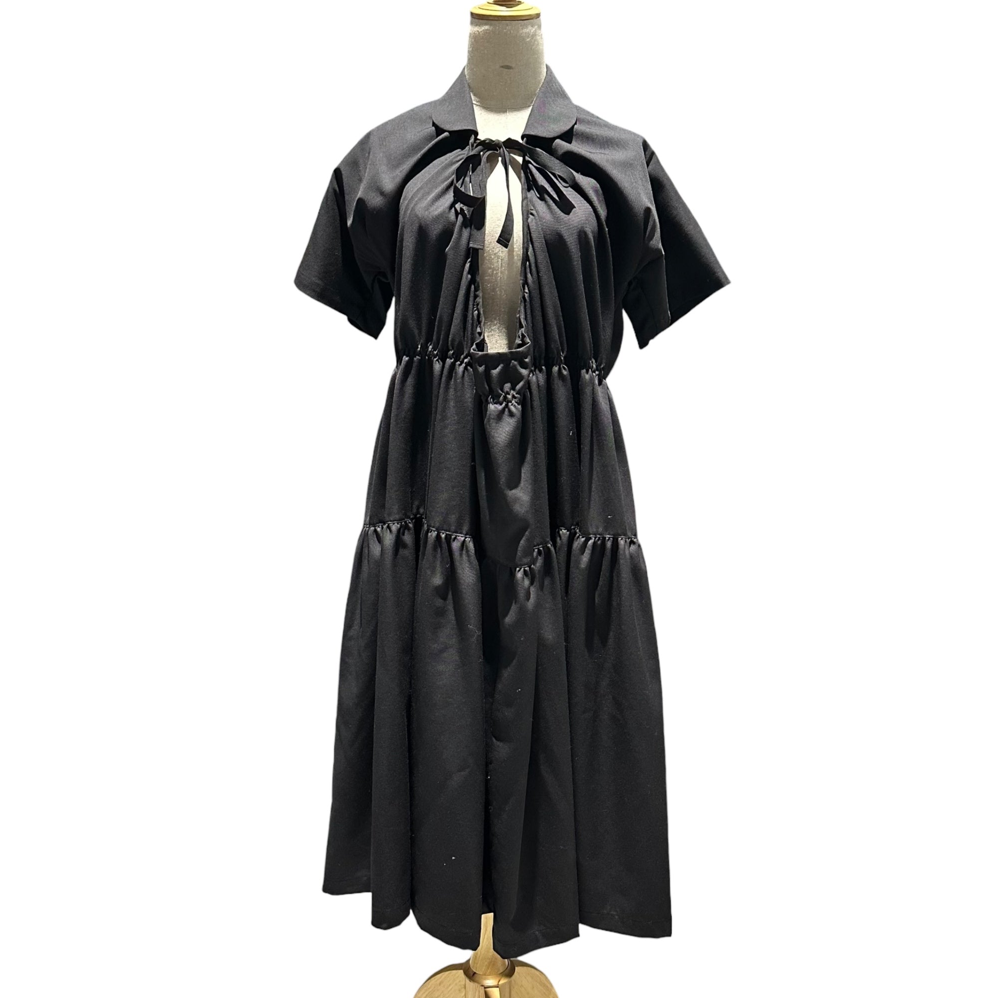 tricot COMME des GARCONS(トリココムデギャルソン) 20SS Front-Open Round-Neck S/S Gathered Dress フロント オープン 丸襟 半袖 ギャザー ワンピース TE-O002 S ブラック AD2019