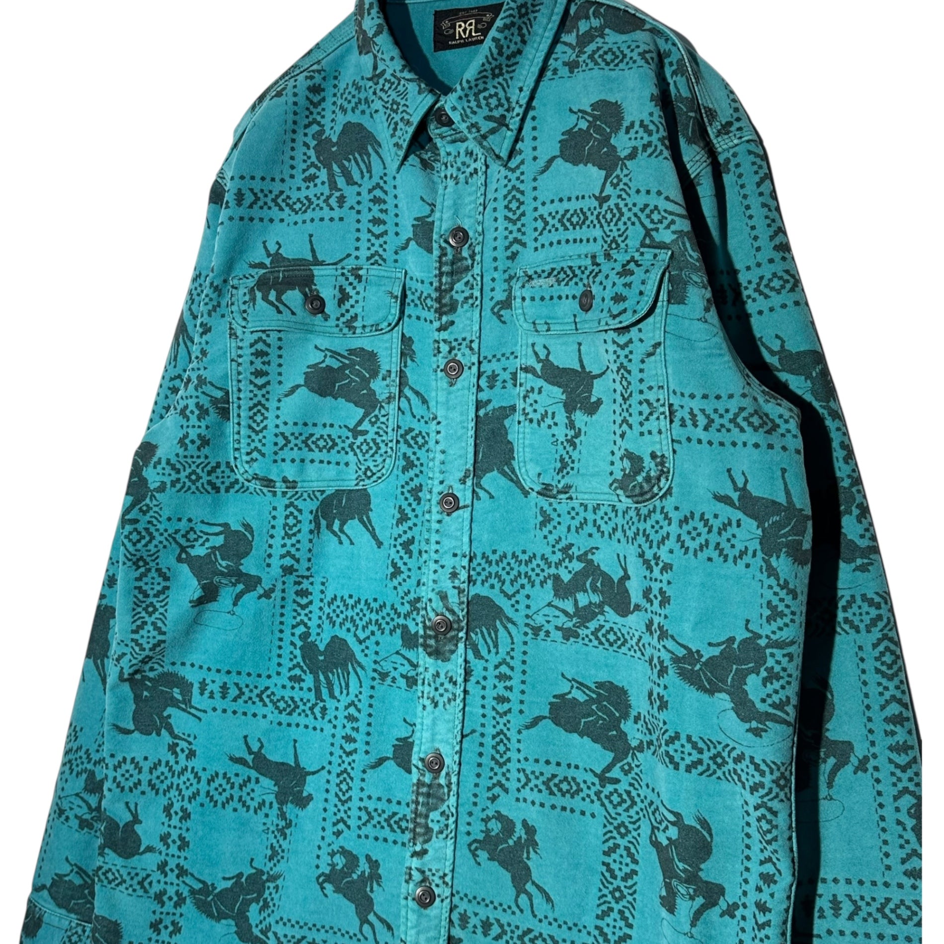 RRL(ダブルアールエル) Vintage-Processed Moleskin Pony-Print Work Shirt ヴィンテージ 加工 モールスキン ポニー柄 ワーク シャツ M ブルー×ブラック CPO ジャケット