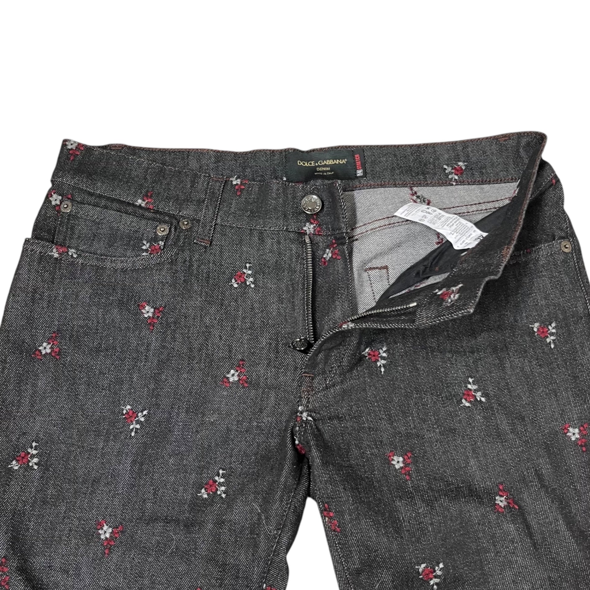 DOLCE&GABBANA(ドルチェ&ガッバーナドルガバ) flower stitch denim pants フラワーステッチ デニム パンツ  G4K7LZ G8P27 46 ブラック×レッド 刺繍