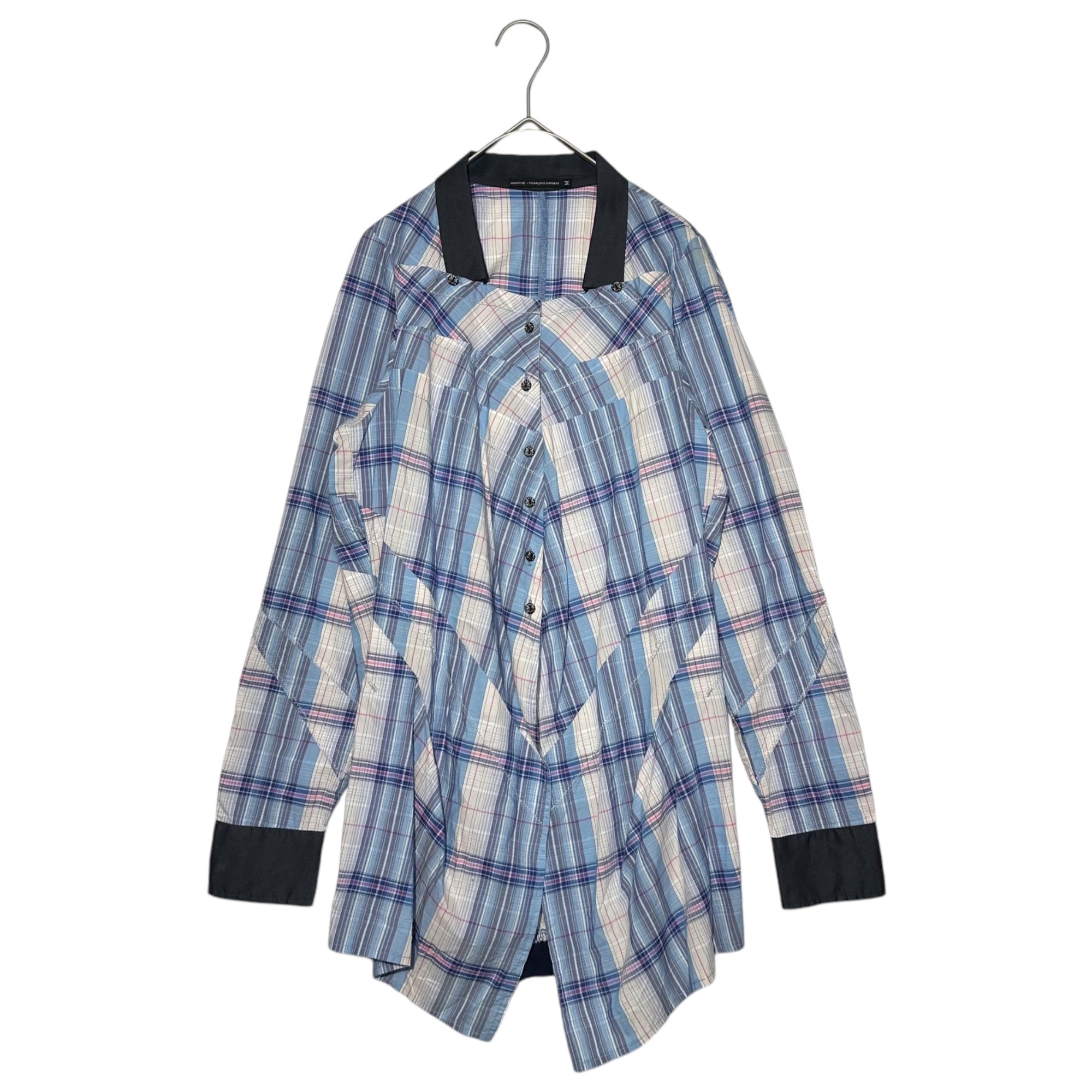MARITHE FRANCOIS GIRBAUD(マリテフランソワジルボー) 00's Check Cleric Ribbed Hem Long Sleeve Blouse チェック クレリック 裾 リブ 長袖 ブラウス F6-9058 M ライトブルー×ネイビー