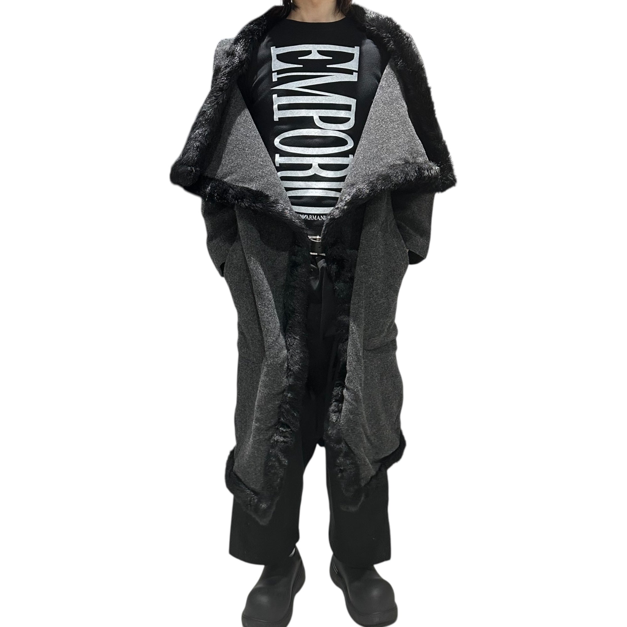 tricot COMME des GARCONS(トリココムデギャルソン) 99AW Vintage Eco-Fur Decorative Wool Long Gown Coat ヴィンテージ エコファー 装飾 ウール地 ロング ガウン コート 羽織 TC-070040 FREE グレー×ブラック AD1999