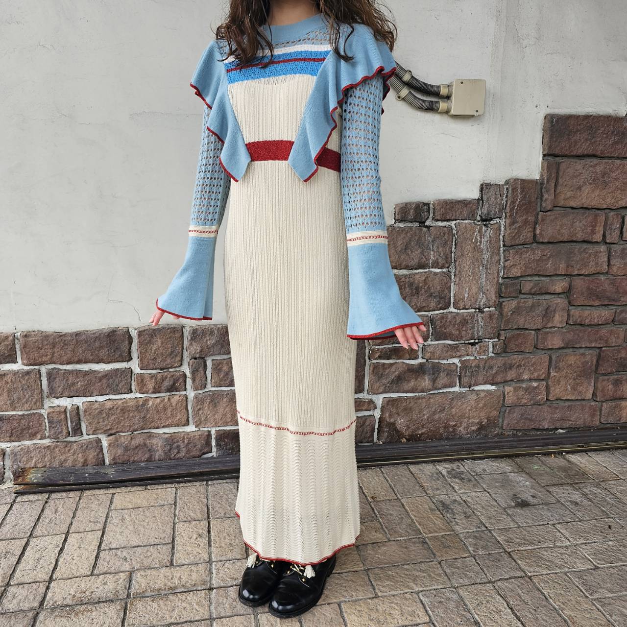mame kurogouchi(マメクロゴウチ) 18SS mame Nostalgic Pattern Knit Dress/ワンピース/ドレス MM18SS-KN040 1 ブルー
