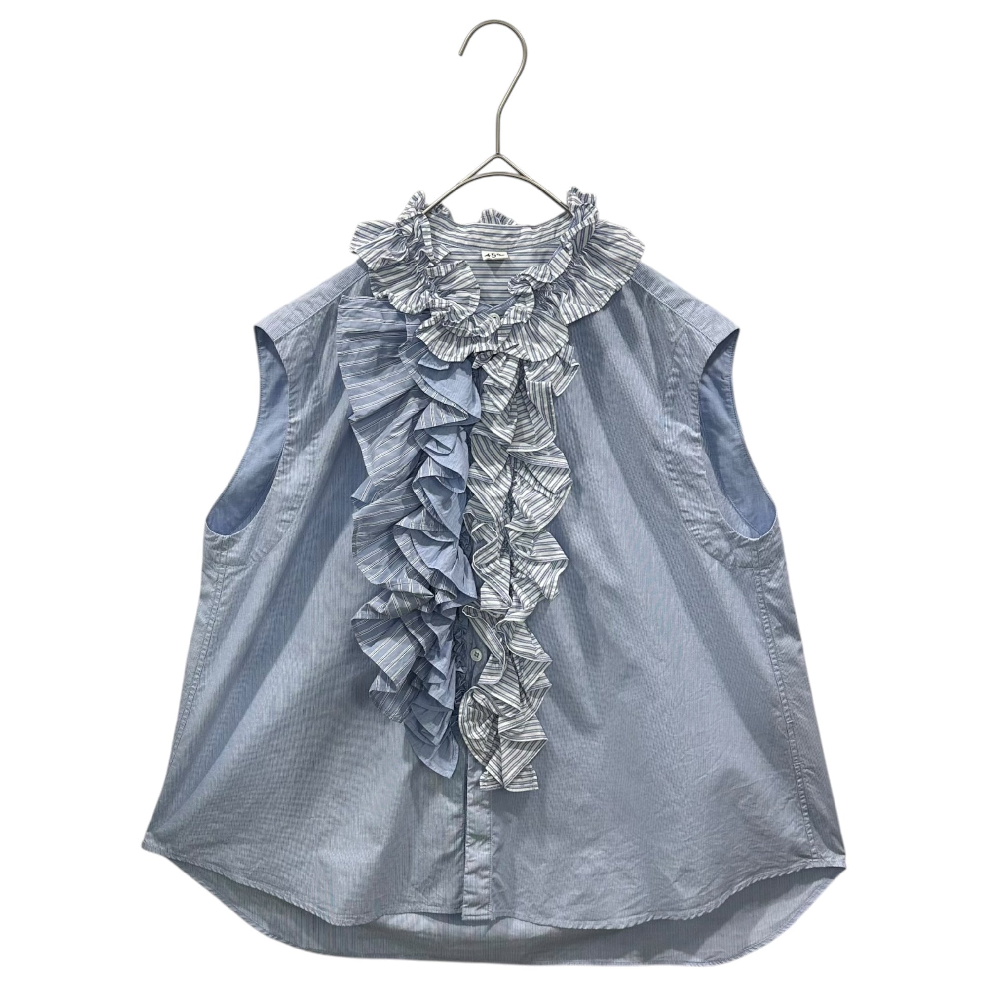 45R(フォーティファイブ・アール) 2024SS Broadcloth Mixed-Ruffle Sleeveless Top ブロードのミックスフリルノースリーブトップ 参考定価46200円 70630532-75-03 3(L程度) スカイブルー×ホワイト ストライプ フリル