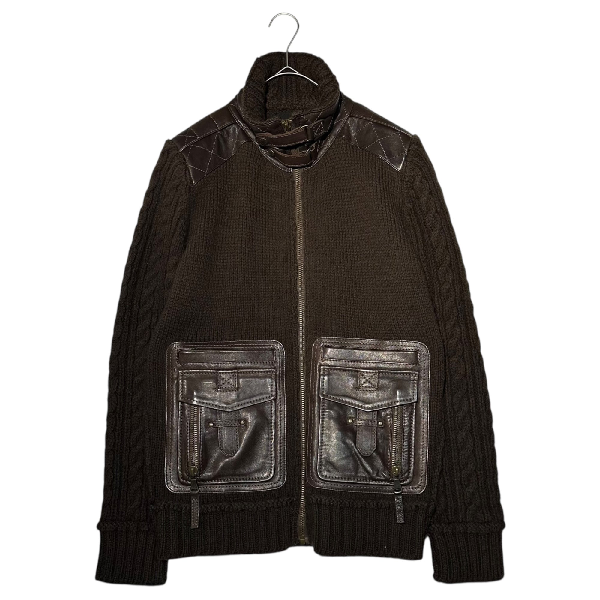 D&G(ディー&ジードルガバドルチェ&ガッバーナ) Leather Pocket Zip-Up Knit Jacket レザー ポケット ジップアップ ニット ジャケット RK0416 SK702 L ブラウン