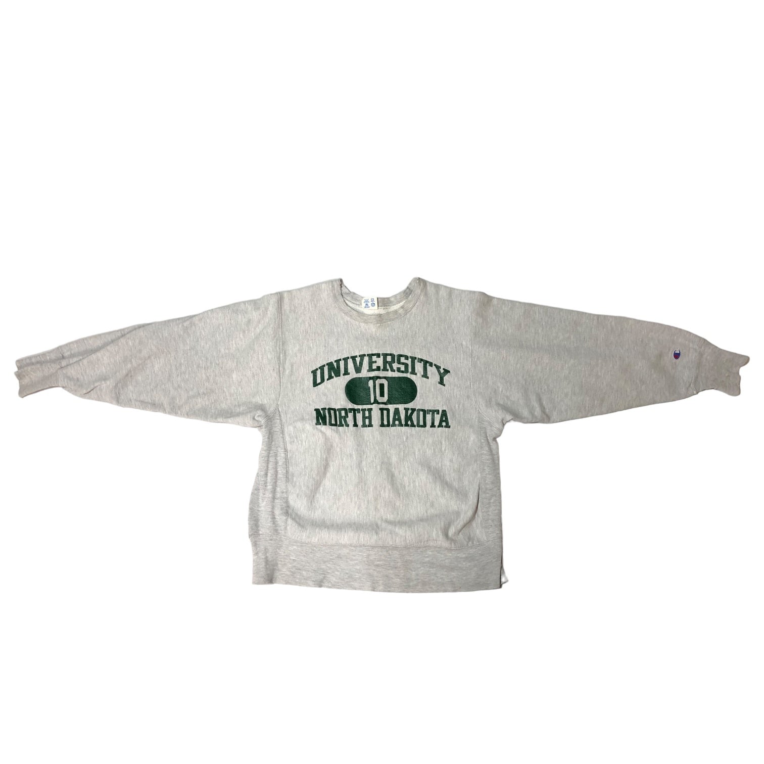 Champion(チャンピオン) 80's UNIVERSITY NORTH DAKOTA reverse weave リバースウィーブ  スウェット カレッジ 3段 プリント M ライトグレー×グリーン 80年代 トリコタグ USA製