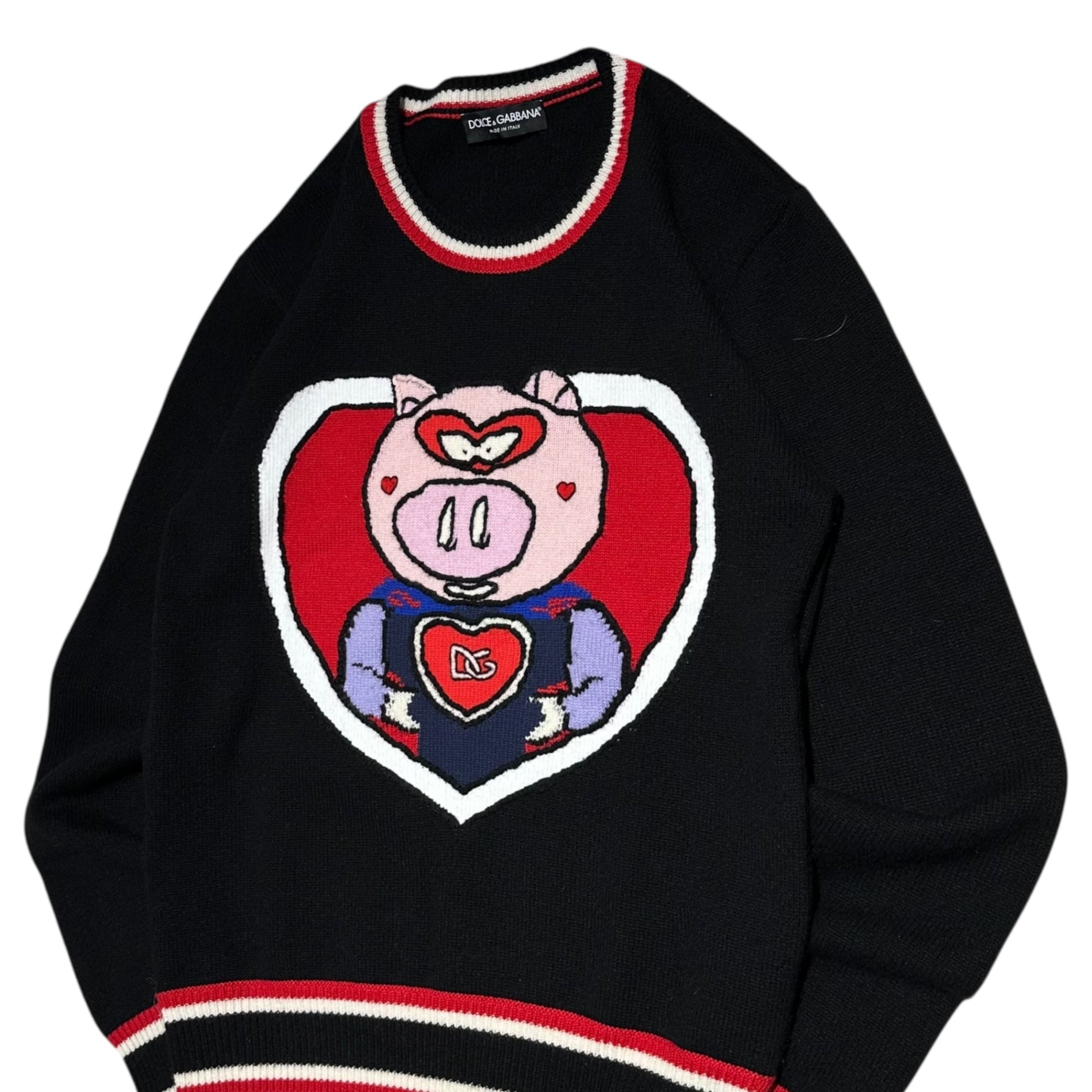 DOLCE&GABBANA(ドルチェ&ガッバーナドルガバ) Pig of the Year cashmere knit ピック 刺繍 カシミア クルーネック ニット GX455T JAWKW 48(M程度) ブラック×レッド 豚 ブタ