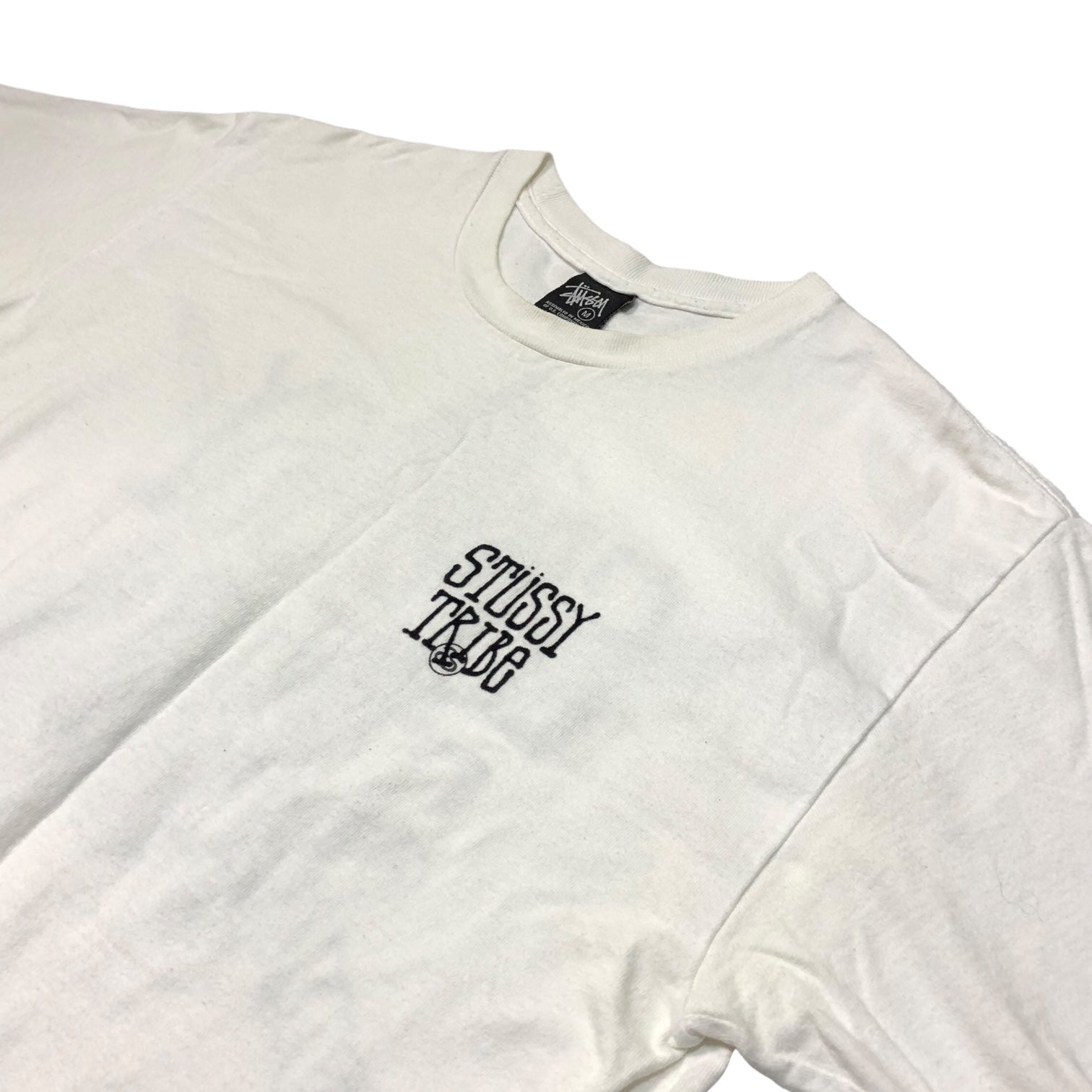 STUSSY(ステューシー) 00's VINTAGE flocky print TRIBE Tシャツ M ホワイト バックプリント クローバー×ソード OLD STUSSY