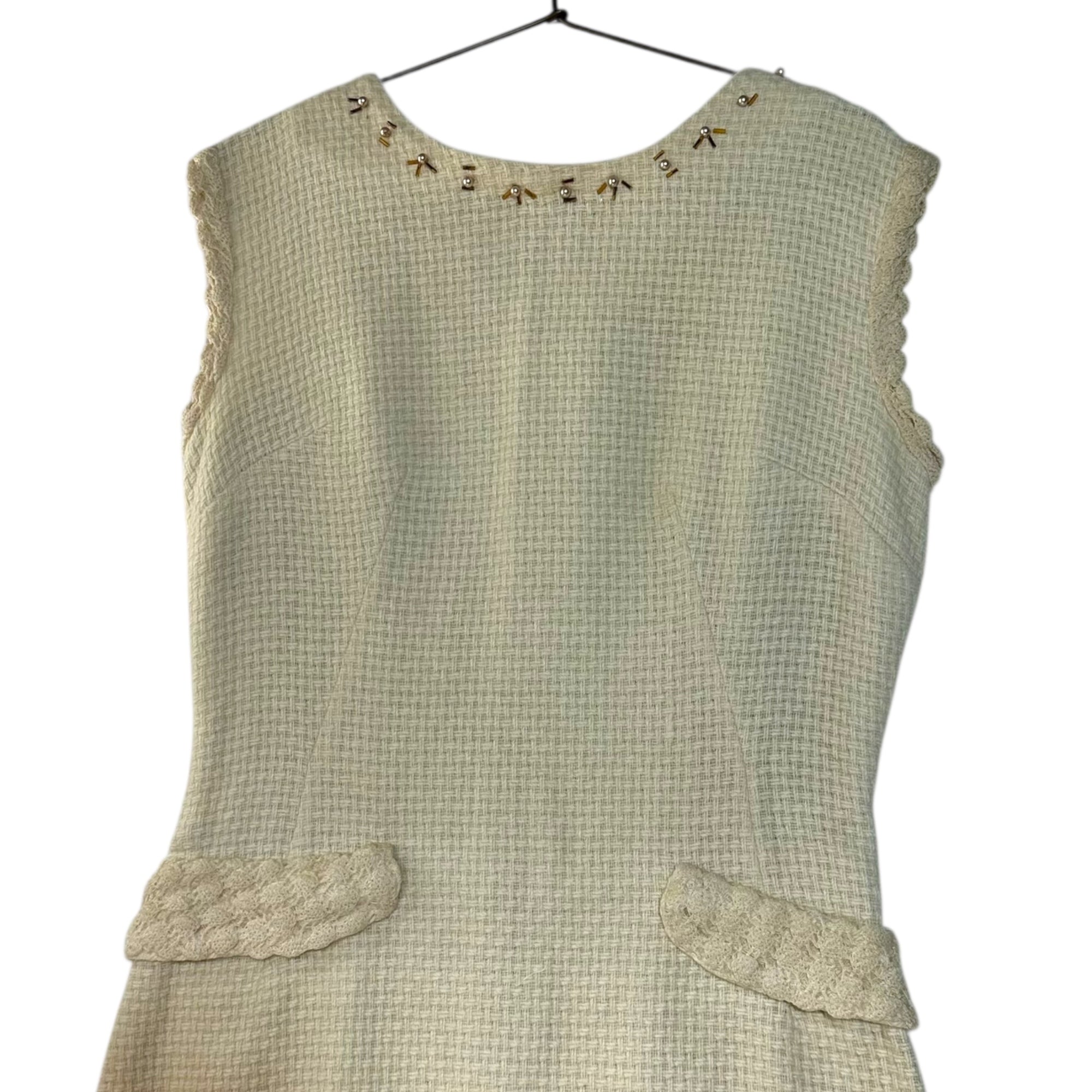 VINTAGE(ヴィンテージ) London 70's~ white knit sleevlessdress ミルキーホワイトニットのデザインノースリーブワンピース M程度 アイボリー