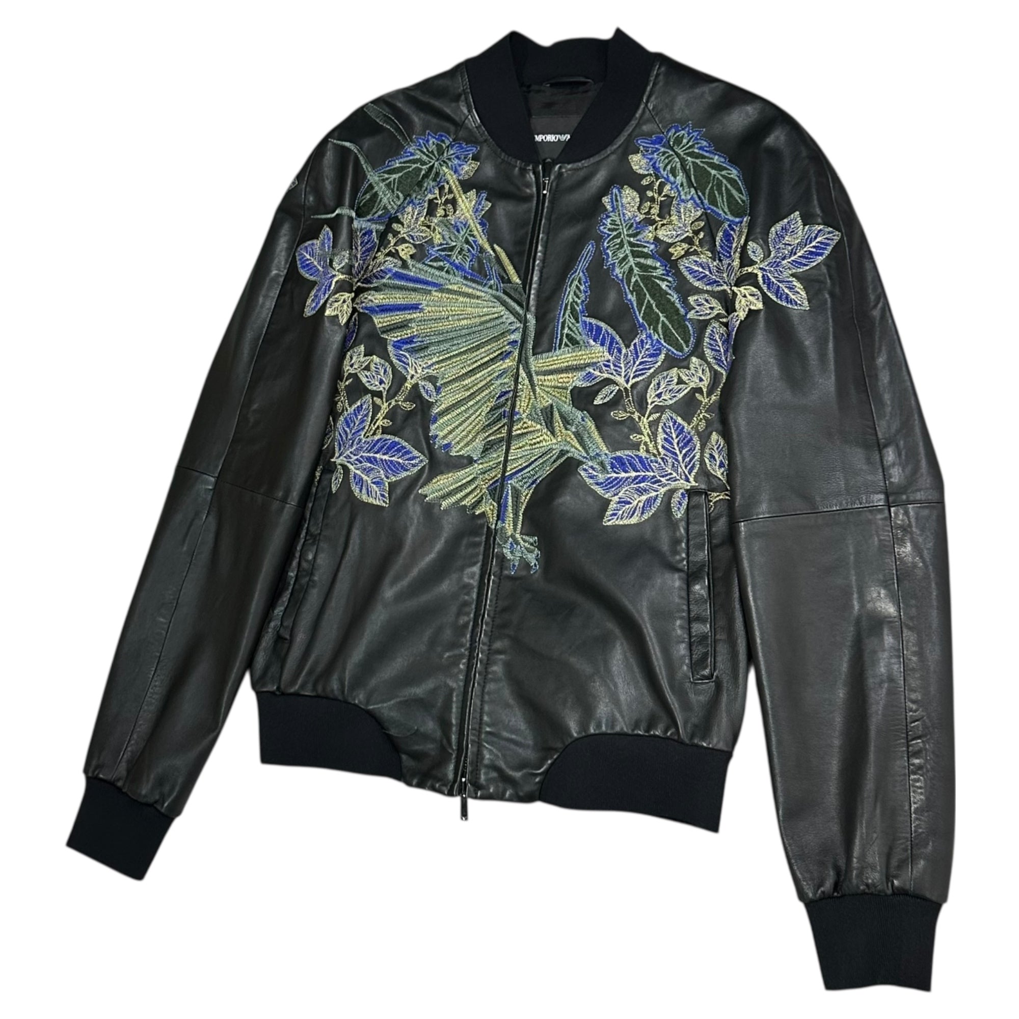EMPORIO ARMANI(エンポリオアルマーニ) 17SS Plant Embroidery Leather Bomber Blouson 植物 刺繍 レザー ボンバー ブルゾン V1R13P V1P16 48(M程度) ブラック×ブルー 2017年 ミラノコレクション