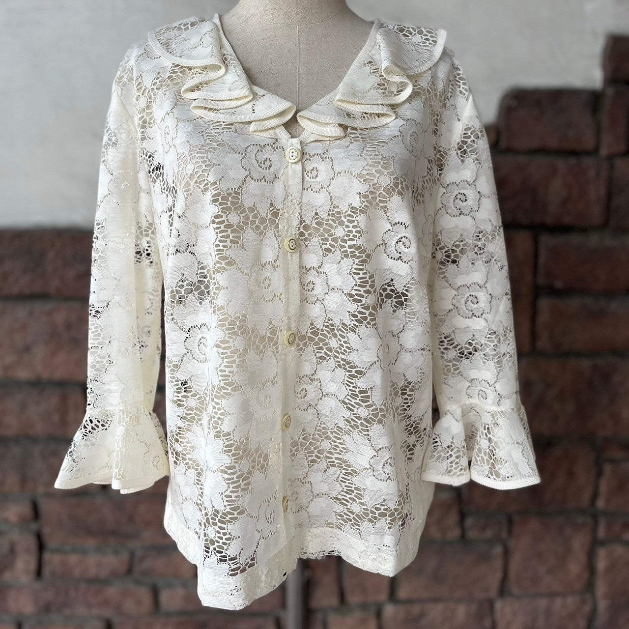 vintage(ヴィンテージ) 80'~90's all lace flower stich frill blouse 総レースのフラワー刺繍ブラウス 表記無し(Lサイズ程度) ホワイト