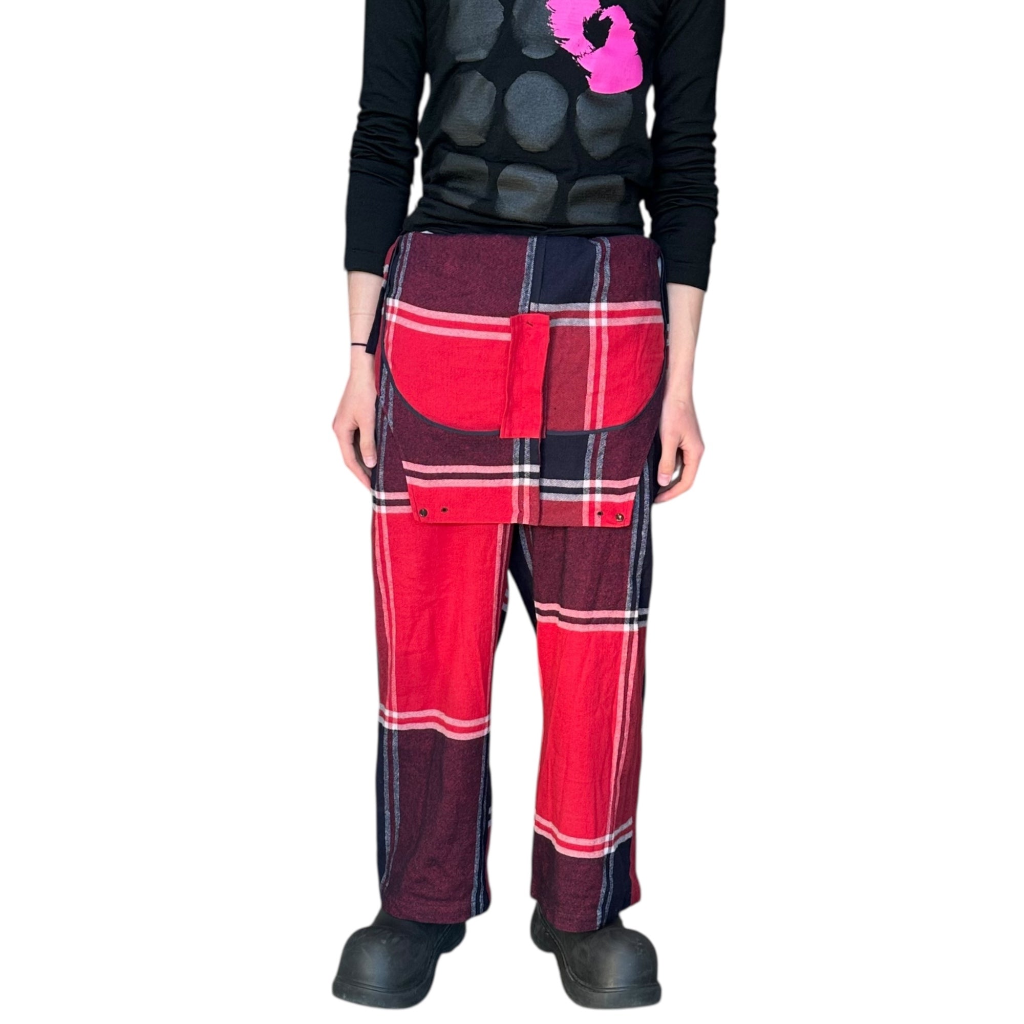 Y's(ワイズ) Leather Shoulder Check Linen Wool Overalls レザー ショルダー チェック リネン ウール オーバーオール YU-D09-139  2(M程度) レッド×ネイビー 男性着用可能サイズ