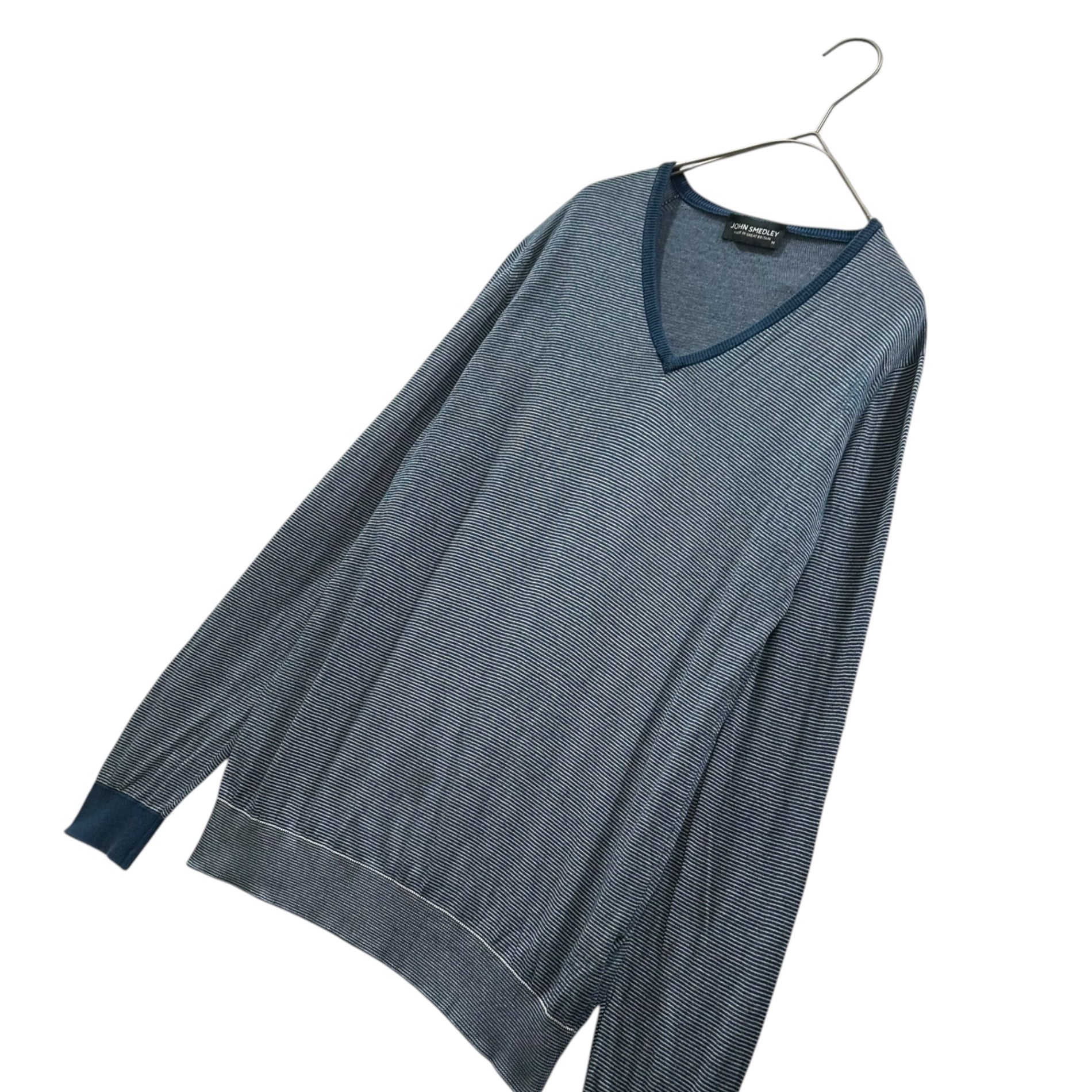 JOHN SMEDLEY(ジョンスメドレー) Cotton Striped V-neck Sweater Vネック コットン ボーダー ニット M ブルー×ホワイト