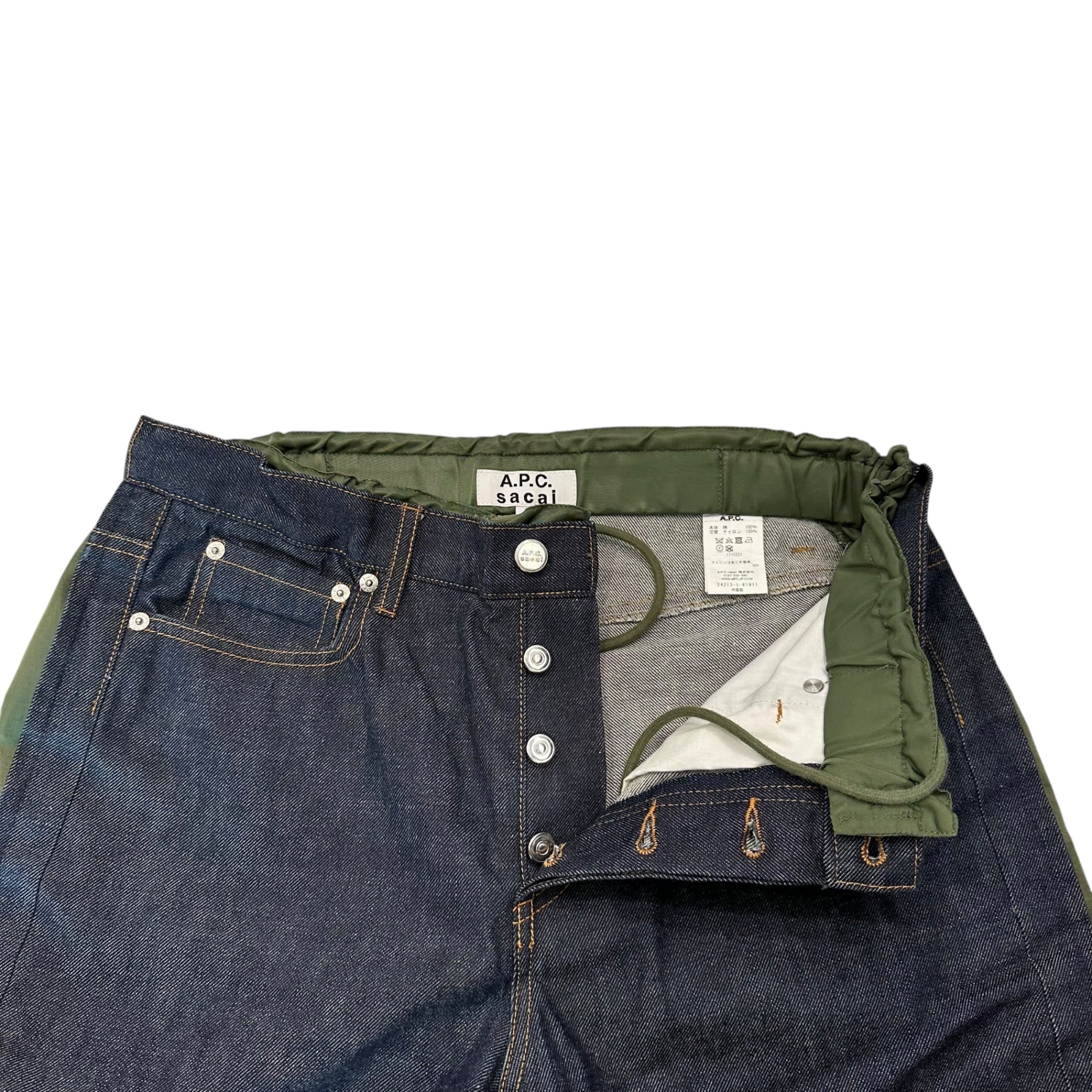 sacai×A.P.C.(サカイ×アーペーセー) 21SS PANTALON HARU DENIM ナイロン切替 デニム パンツ 1110221 S インディゴ×オリーブ