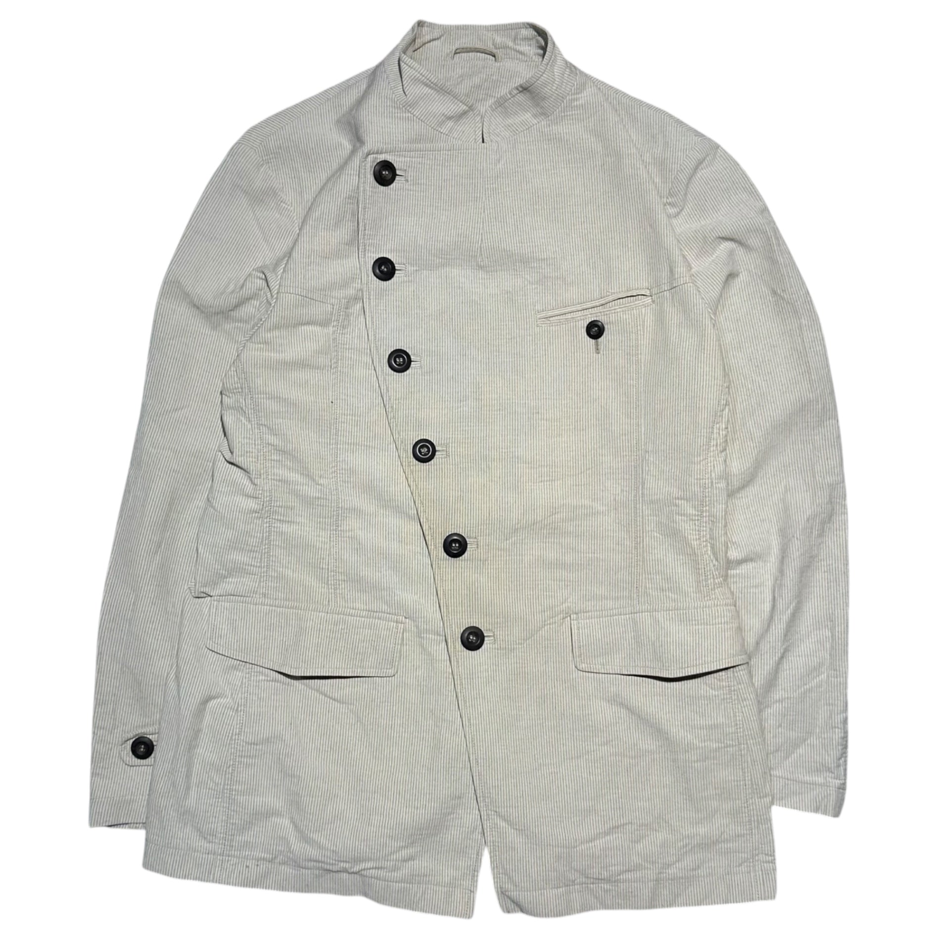GIORGIO ARMANI(ジョルジオアルマーニ) Vintage Diagonal Button Stand Collar Long Sleeve Striped Jacket ヴィンテージ 斜めボタン スタンドカラー 長袖 ストライプ ジャケット 757002 50(L~XL程度) アイボリー