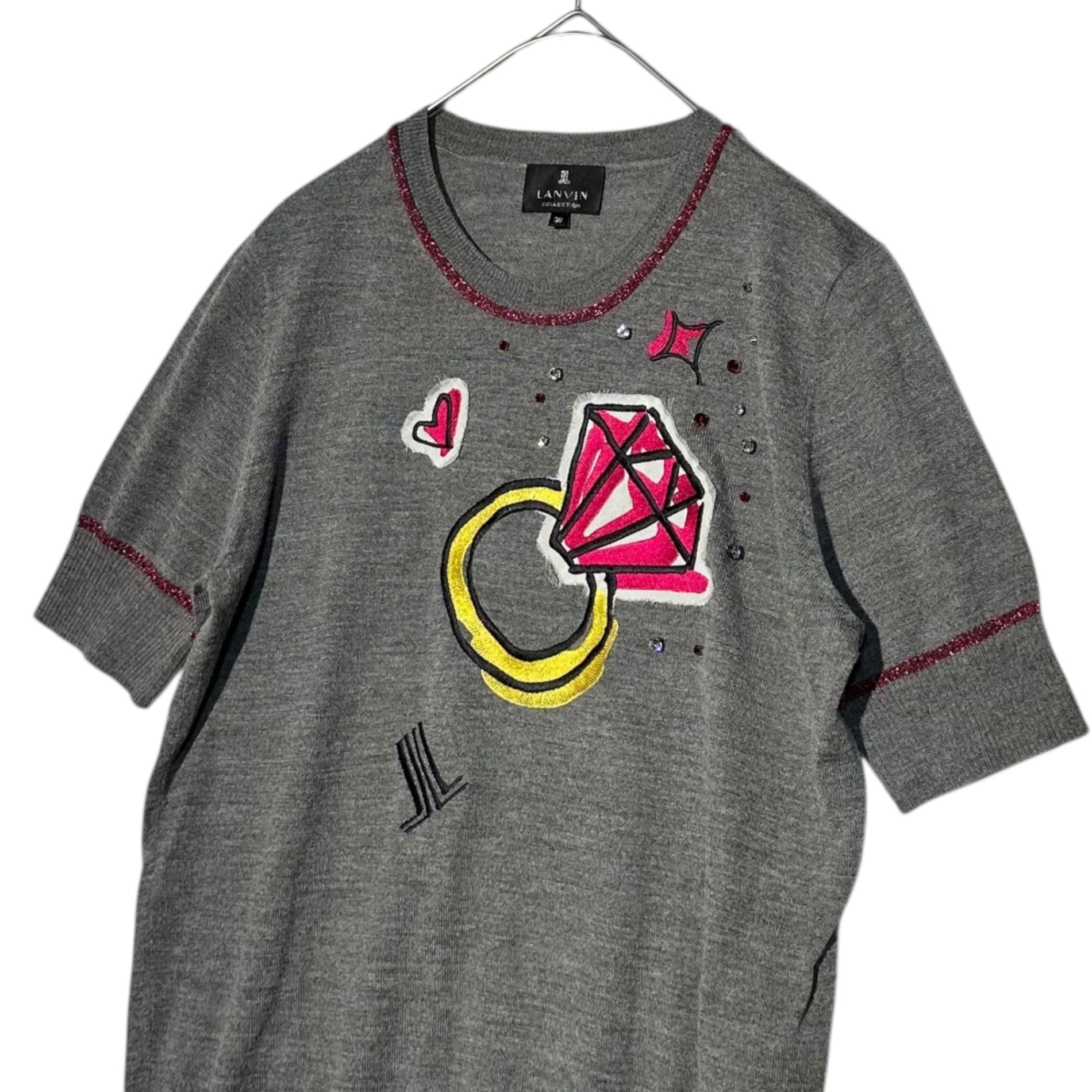 LANVIN COLLECTION(ランバン コレクション) Beaded Patch Decoration Ensemble Cardigan ビーズ ワッペン 装飾 アンサンブル カーディガン 38(M程度) グレー