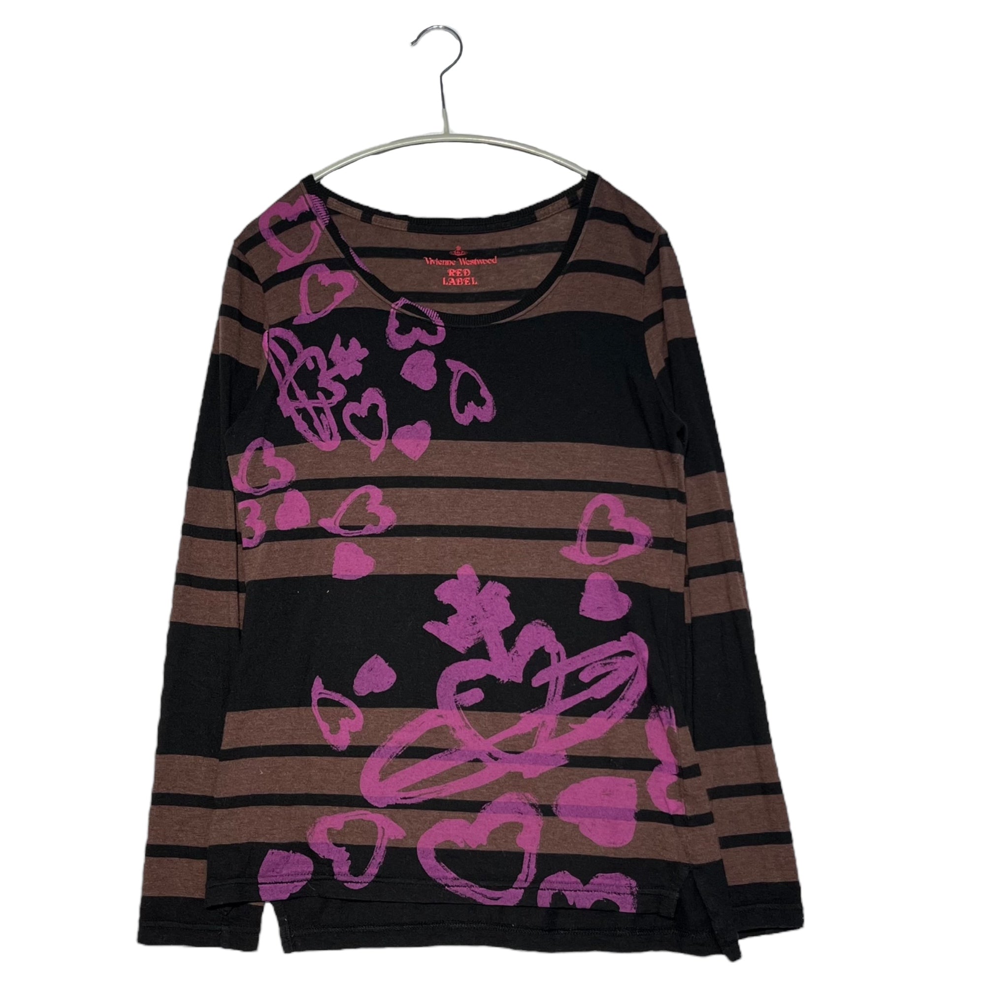 Vivienne Westwood RED LABEL(ヴィヴィアンウエストウッドレッドレーベル) Graffiti Orb Logo Heart Print Border Cut and Sewn 落書き オーブ ロゴ ハート プリント ボーダー カットソー 16-03-322013 2(M程度) ブラウン×ブラック