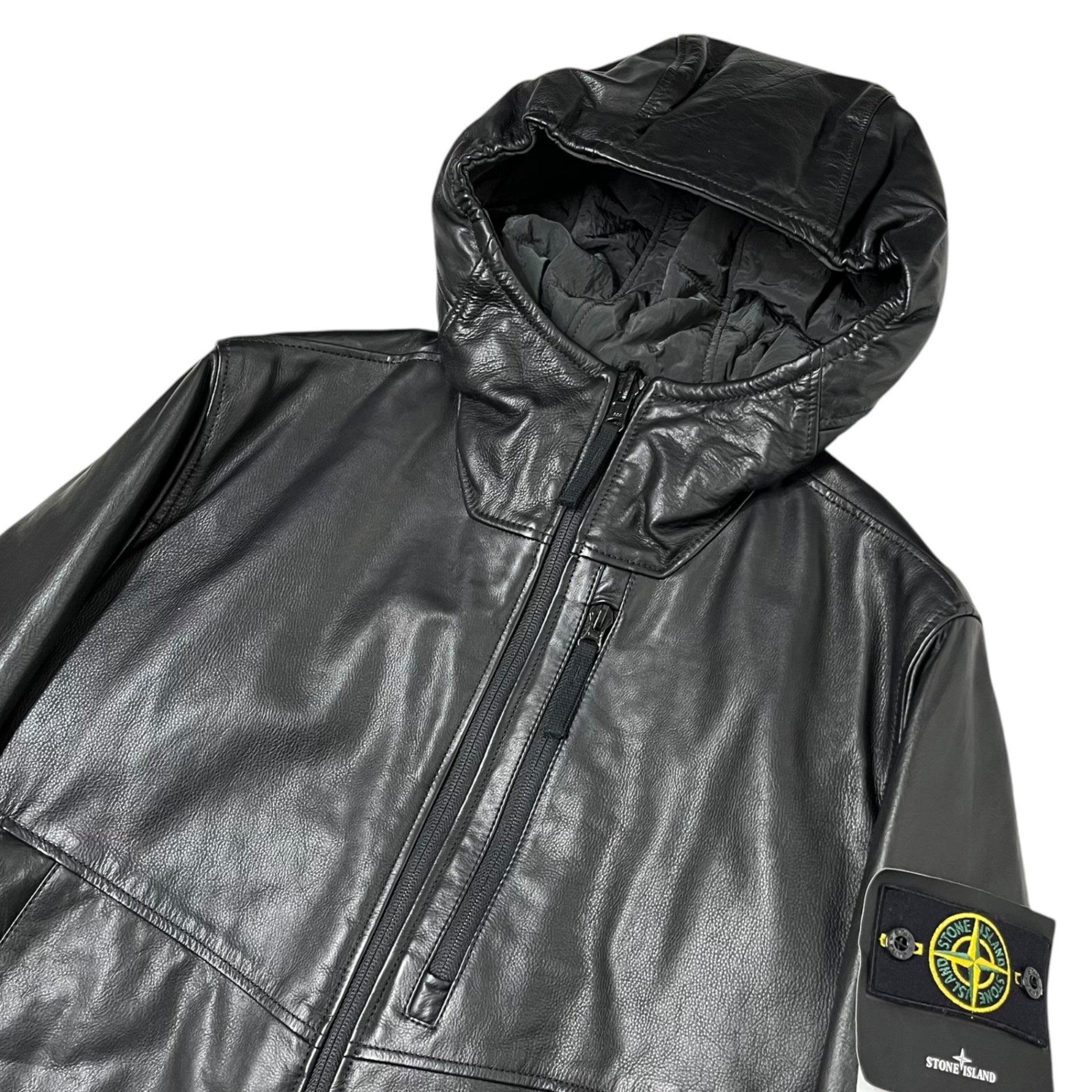 STONE ISLAND(ストーンアイランド) 15AW All leather reversible Primaloft nylon metal hooded jacket オールレザー リバーシブル プリマロフト ナイロン メタル フーデット ジャケット 631500277 M ブラック