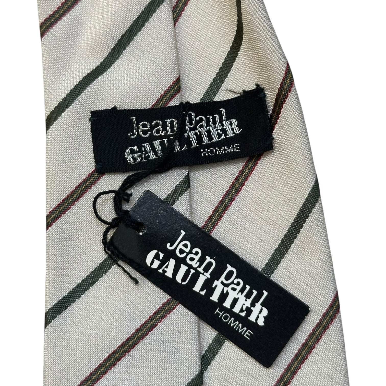 Jean Paul GAULTIER HOMME(ジャンポールゴルチエオム) 90's Vintage Asymmetrical Cut Tie 90年代 ヴィンテージ アシンメトリー カット ネクタイ アイボリー×グリーン×ブラウン タグ付きデッドストック アラ商事