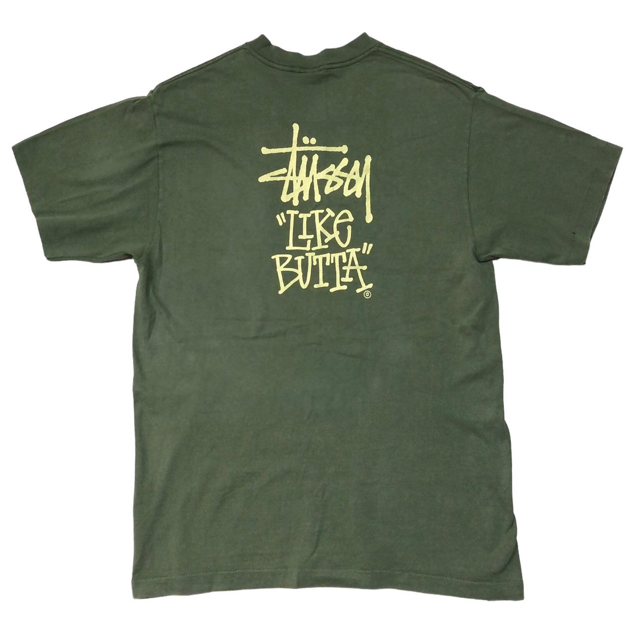 STUSSY(ステューシー) 80's VINTAGE LIKE BUTTA Tシャツ ヴィンテージ 黒タグ SIZE L グリーン USA製 80年代 OLD STUSSY ショーンフォント