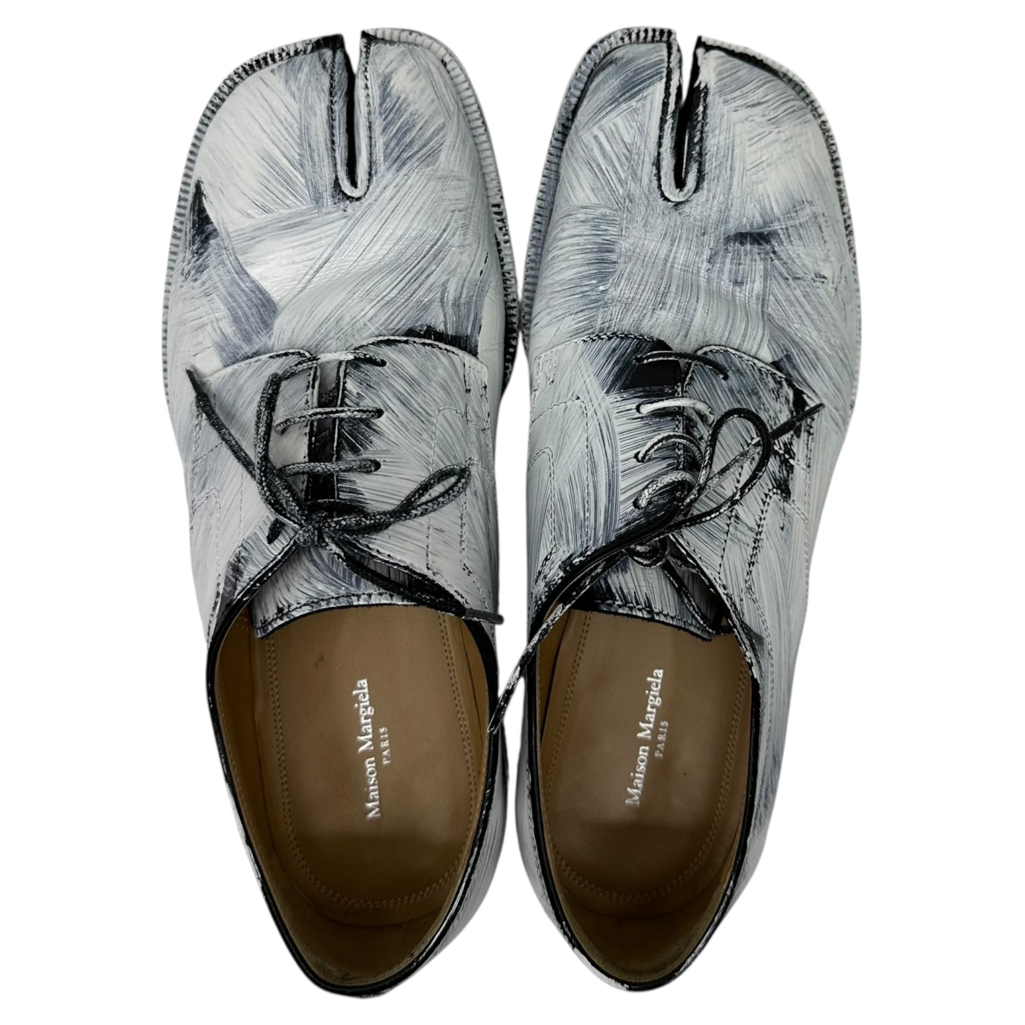 MAISON MARGIELA(メゾンマルジェラ) Bianchetto TABI Lace-up Shoes ペンキ加工 タビ レースアップ レザー シューズ S97WQ0052 39(24.5~25.0cm程度) ホワイト×ブラック カーフスキン 革靴