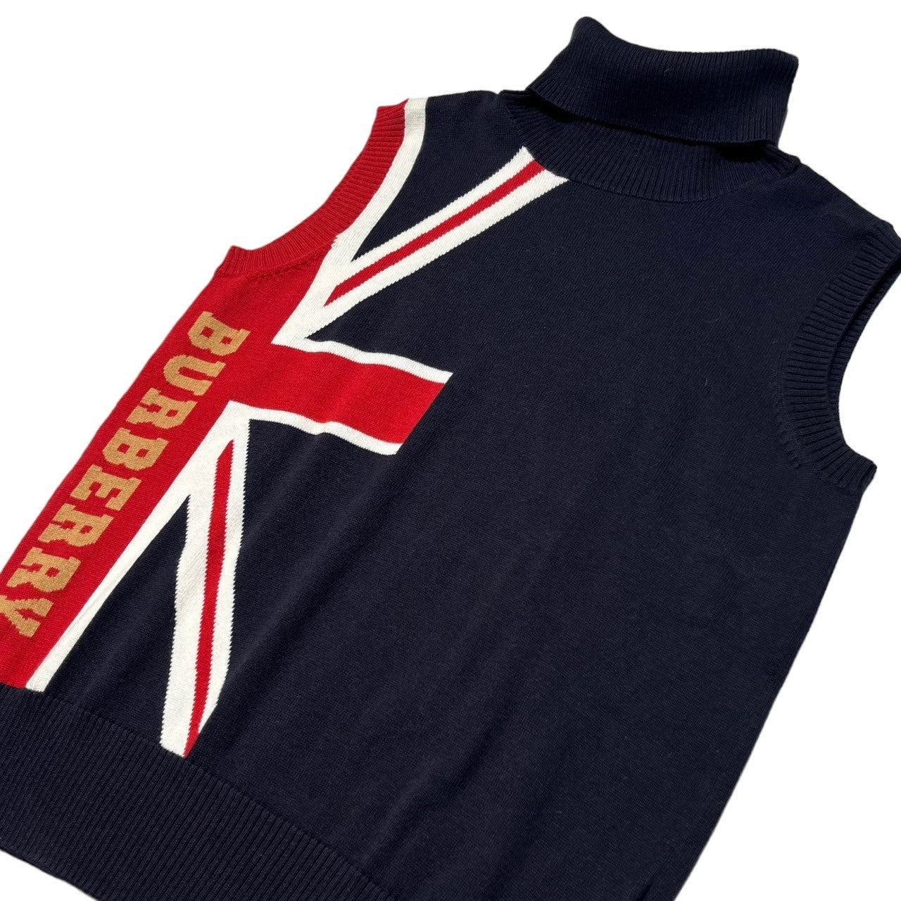 BURBERRY LONDON(バーバリーロンドン) Union Jack Sleeveless Turtleneck Logo Knit ユニオンジャック ノースリーブ タートルネック ロゴ ニット BB242-927-30 160(レディースS～M程度) ネイビー×レッド