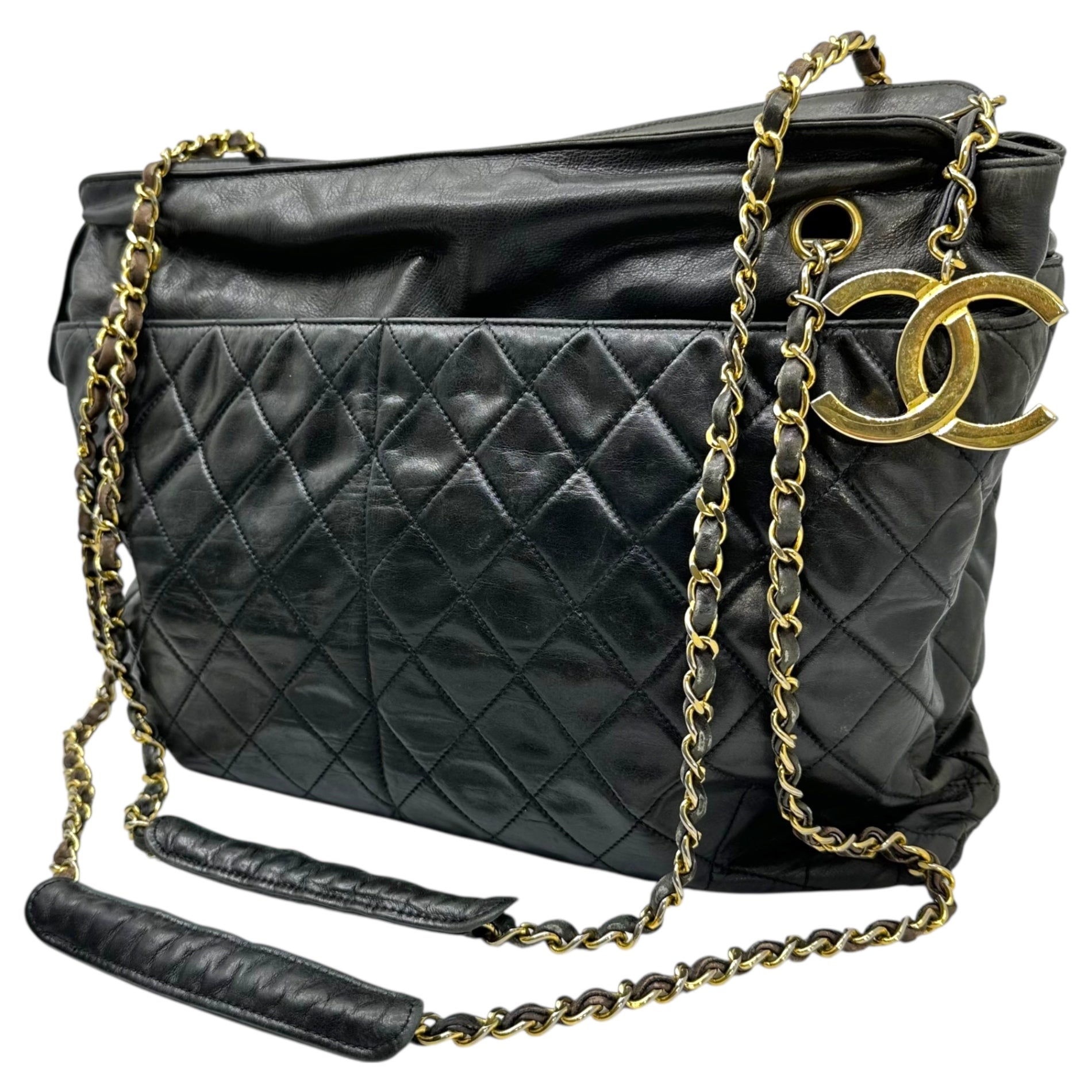 CHANEL(シャネル) 90's Coco Charm Lambskin Matelasse Double Chain Tote Bag ココ チャーム ラムスキン マトラッセ ダブル チェーン トート バッグ ブラック 90年代 ヴィンテージ 肩掛け ショルダー 1番台 1******